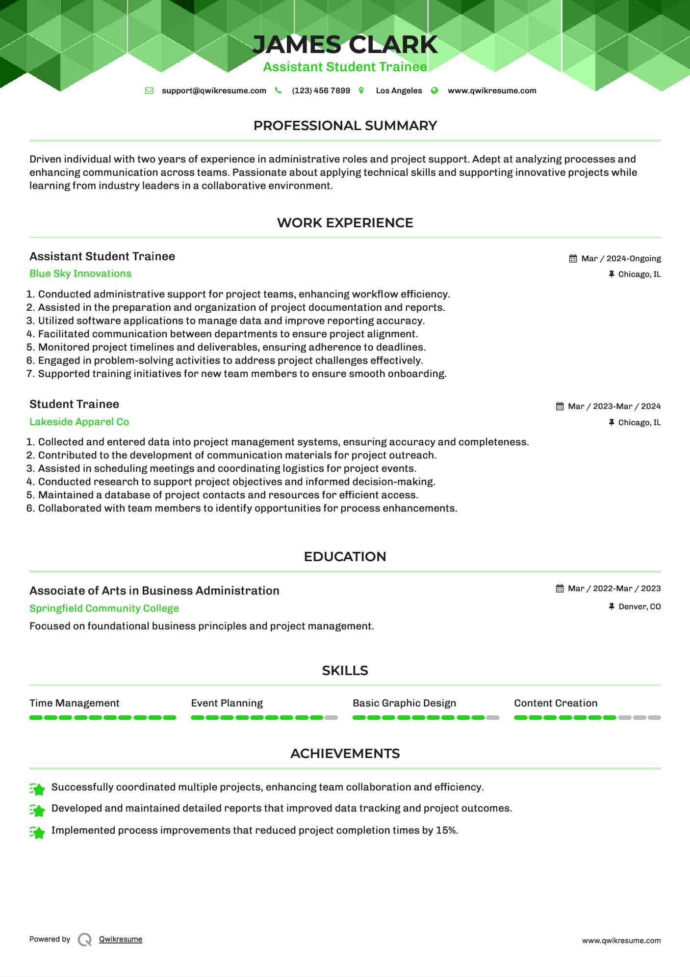 Assistant Student Trainee  Resume Model