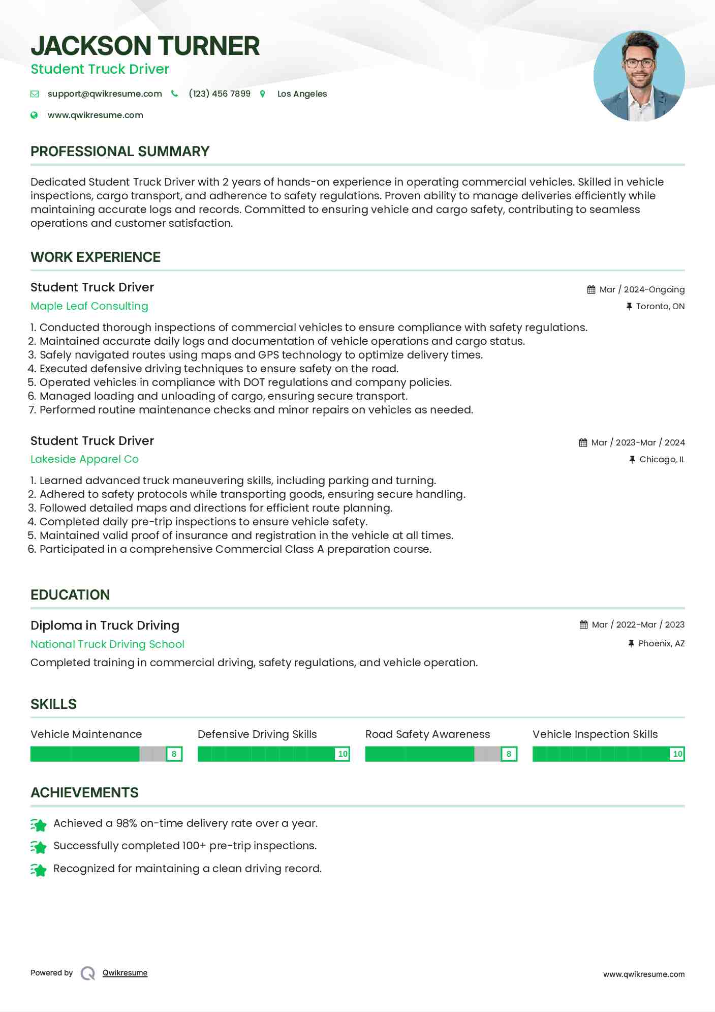 Student Truck Driver Resume Template