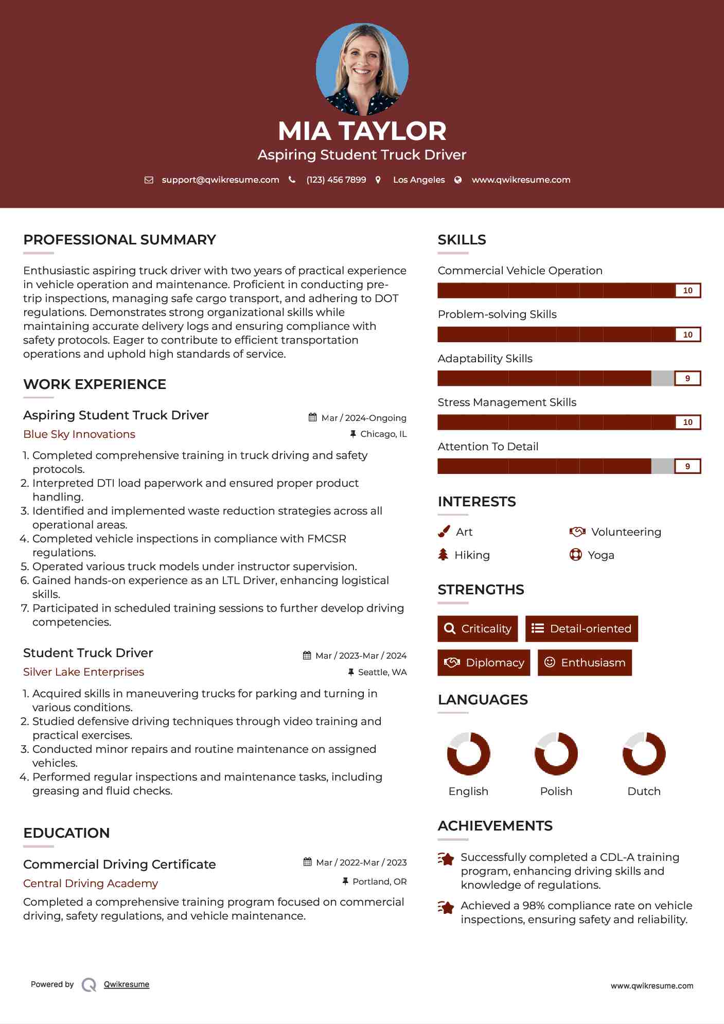 Aspiring Student Truck Driver Resume Sample