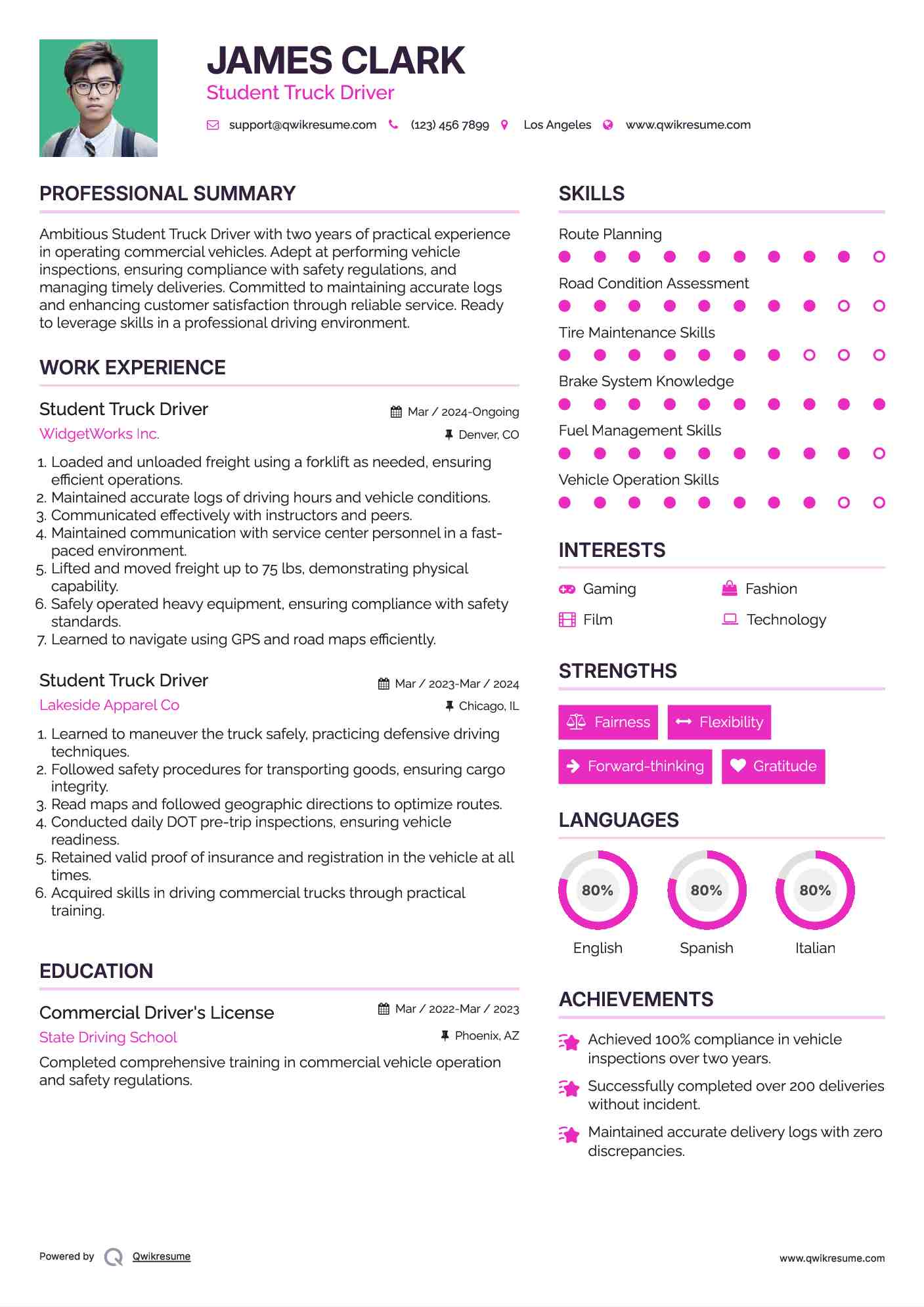 Student Truck Driver Resume Template