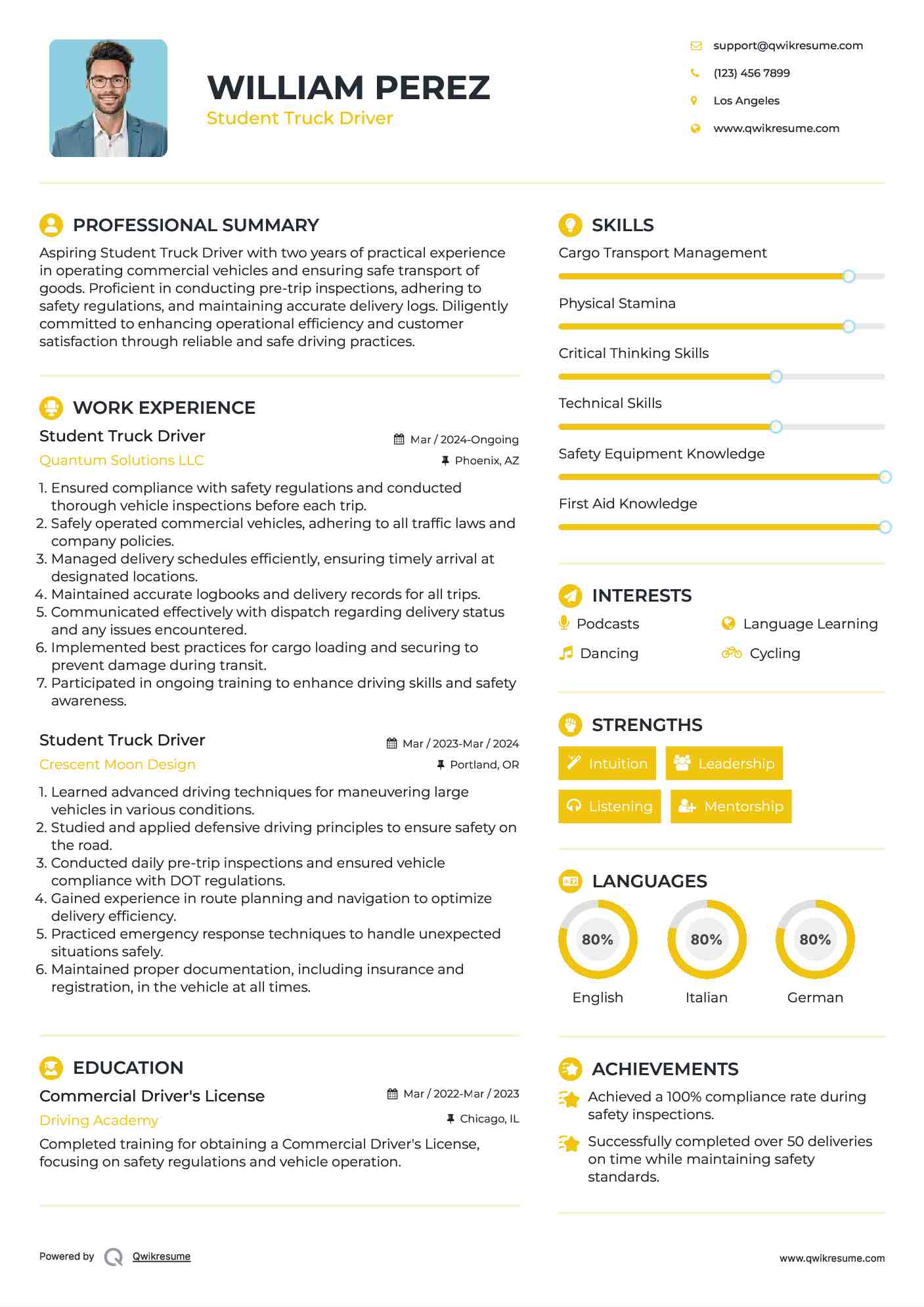 Student Truck Driver Resume Example