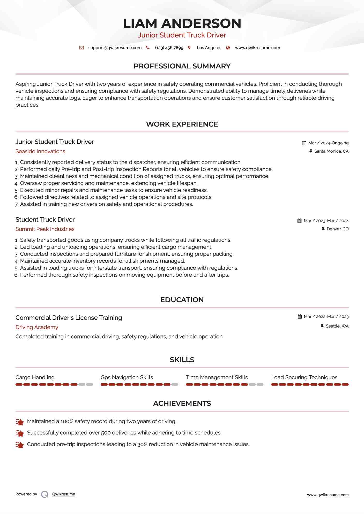 Junior Student Truck Driver Resume Format