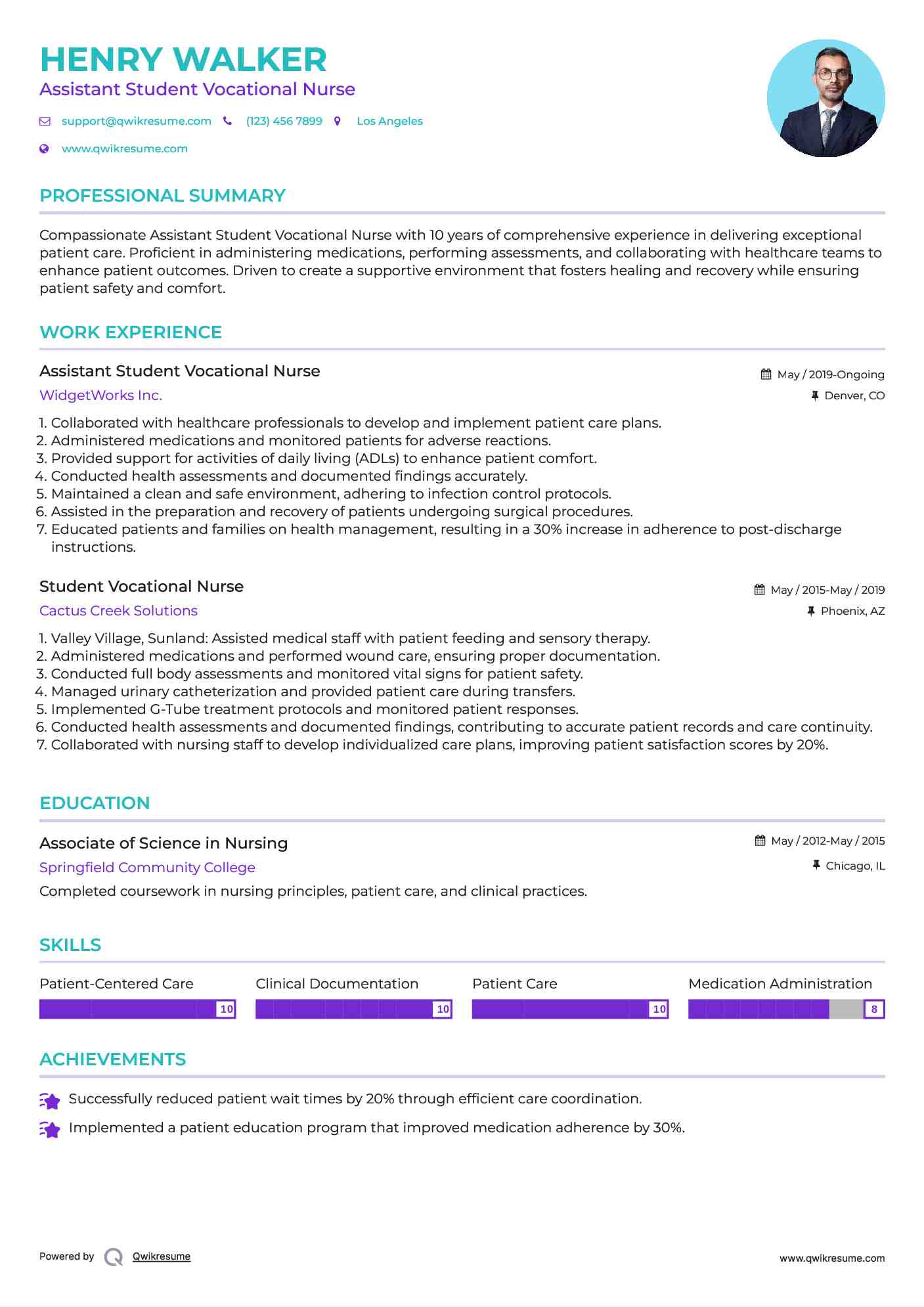 Assistant Student Vocational Nurse Resume Sample