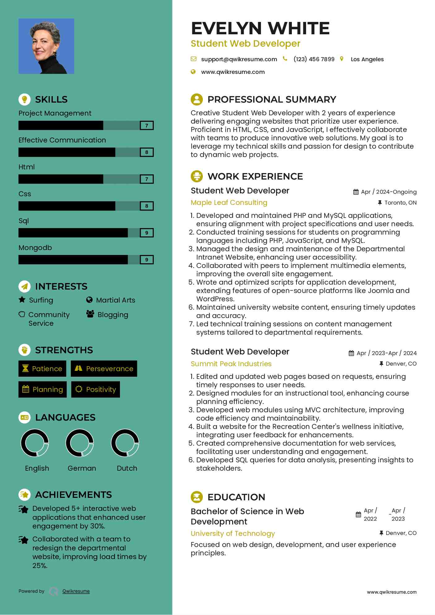 Student Web Developer Resume Sample