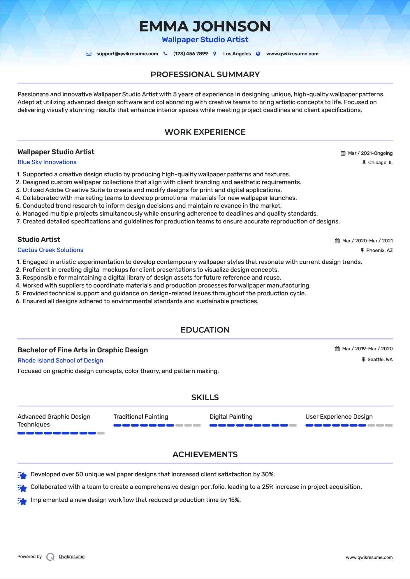 Wallpaper Studio Artist
 Resume Model