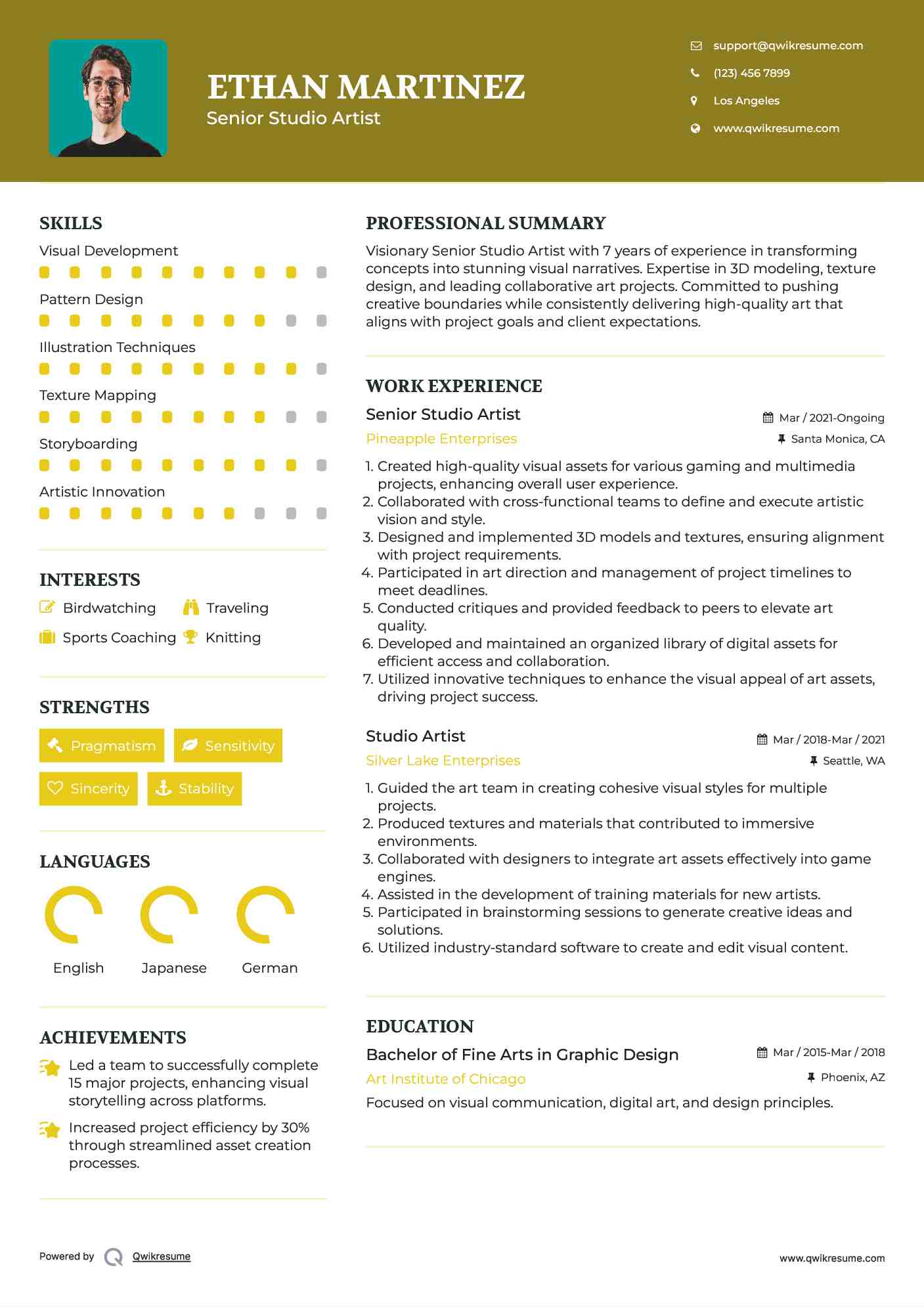 Senior Studio Artist Resume Model
