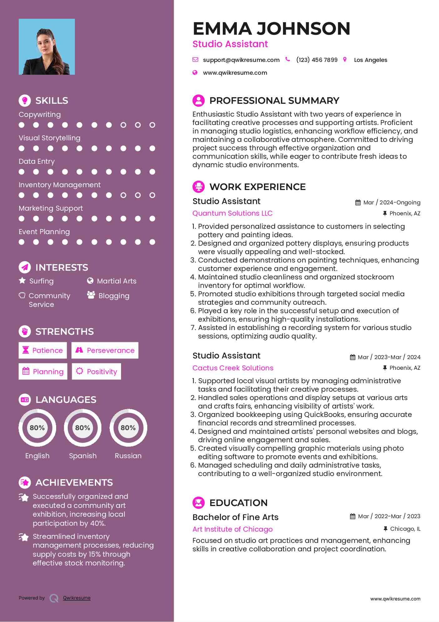 Studio Assistant Resume Format