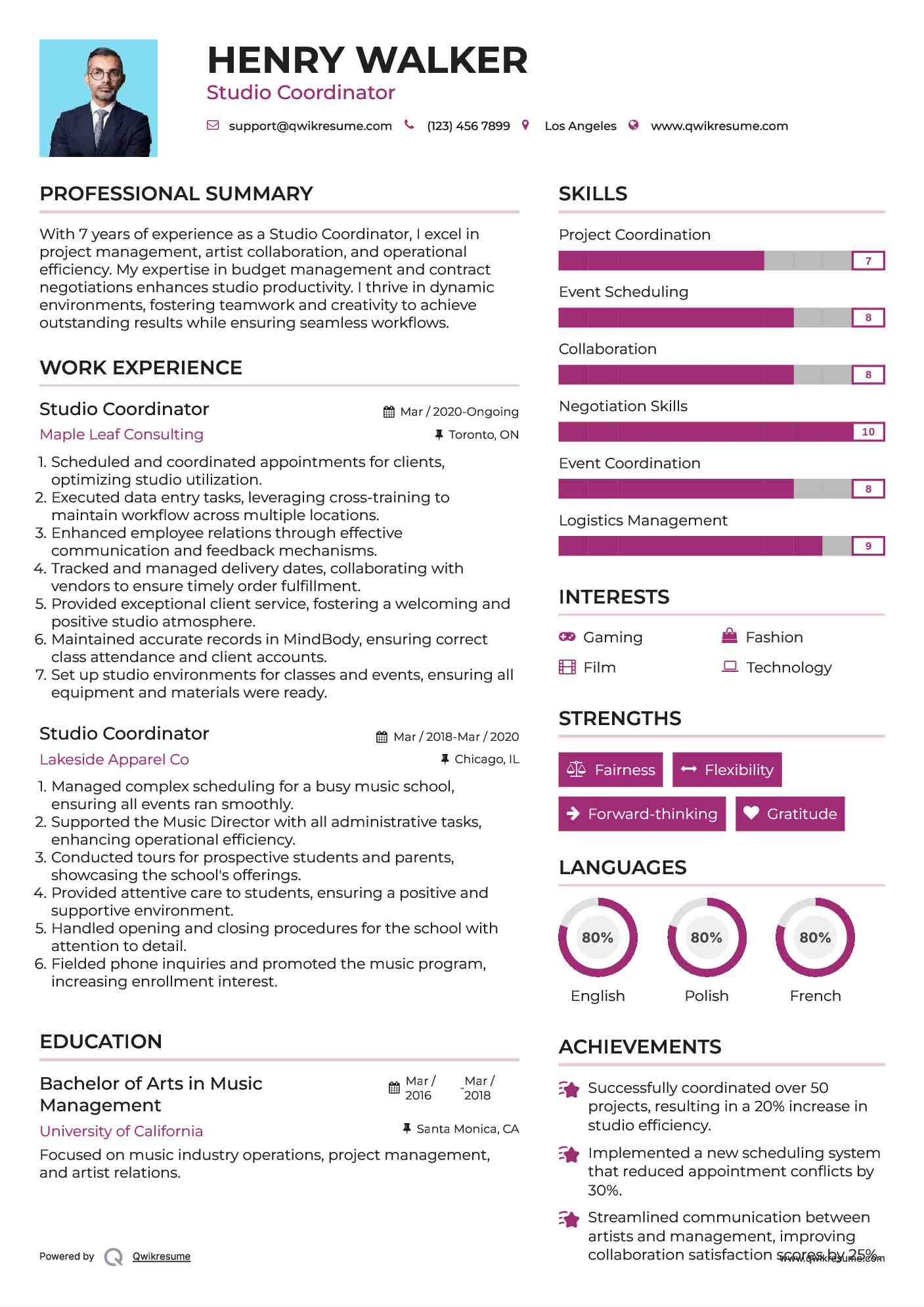 Studio Coordinator Resume Format