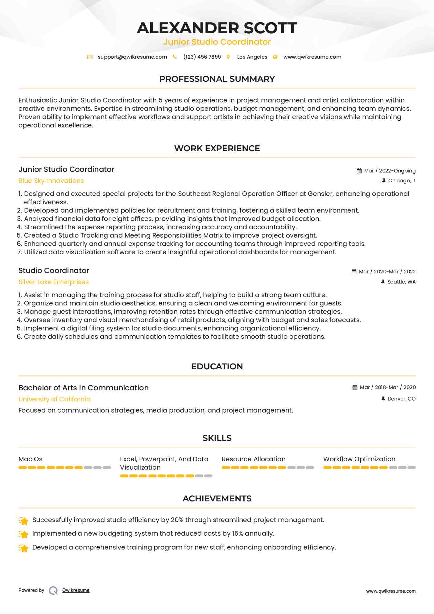 Junior Studio Coordinator Resume Format