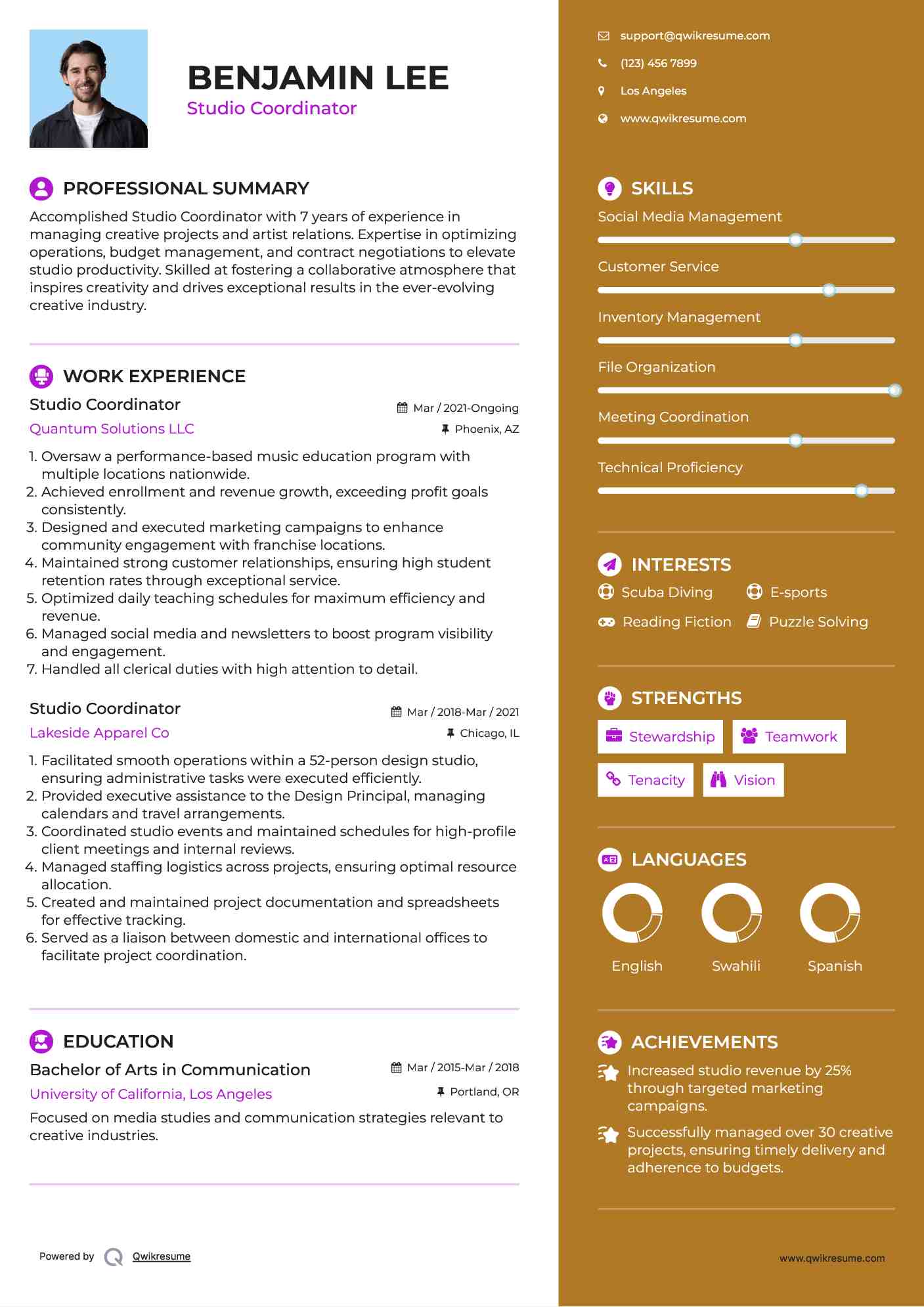 Studio Coordinator Resume Model