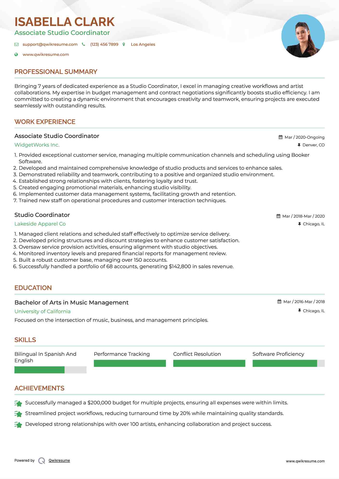 Associate Studio Coordinator Resume Model