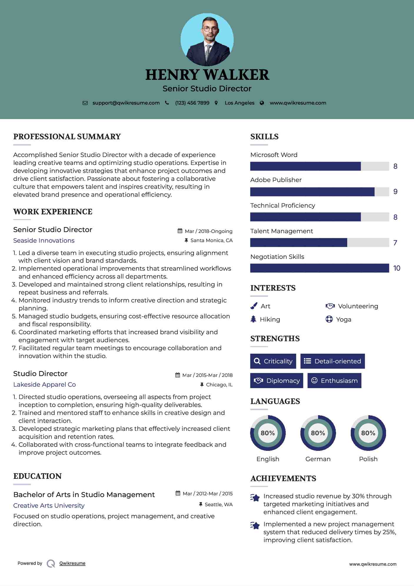Senior Studio Director Resume Format