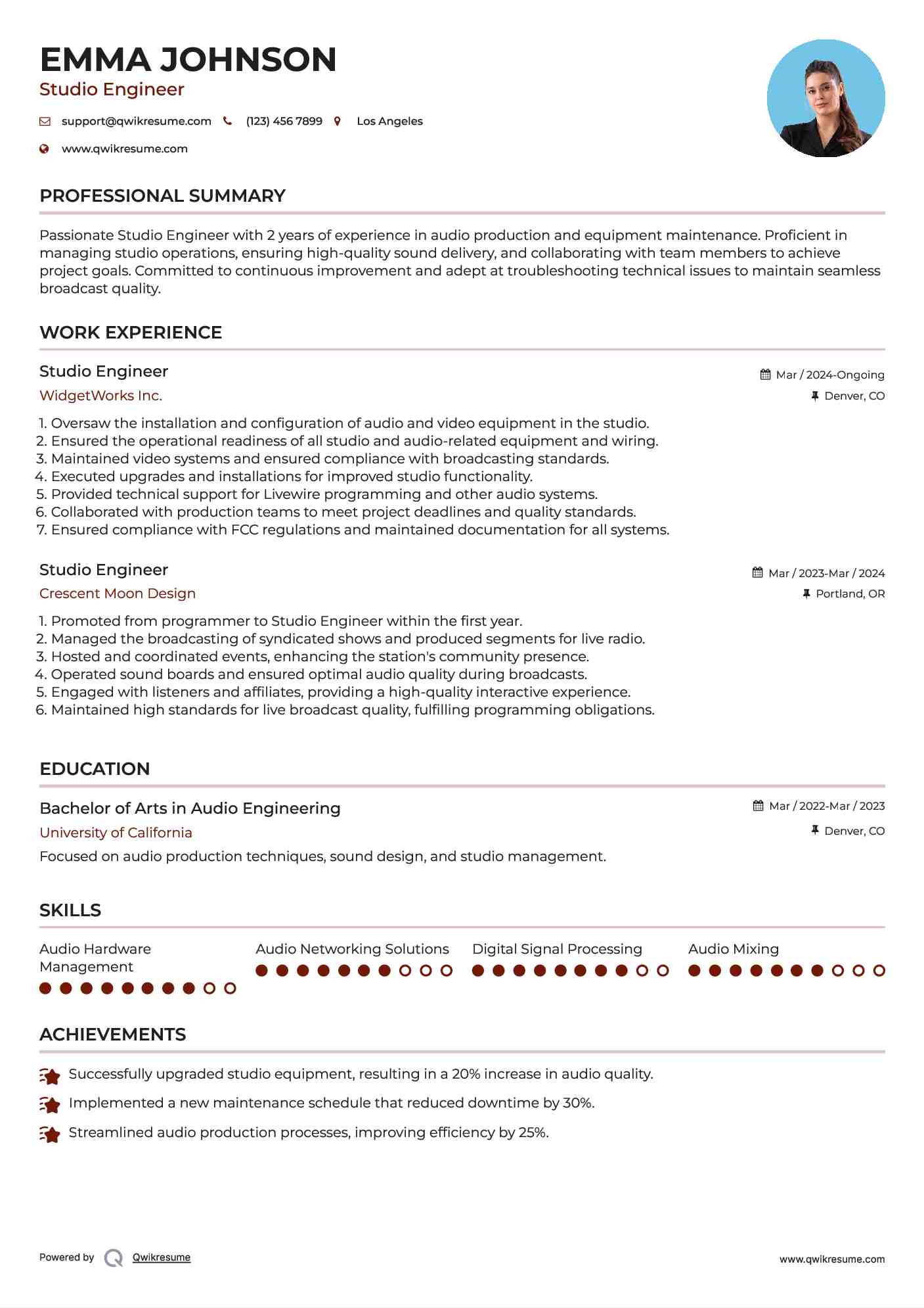 Studio Engineer Resume Sample