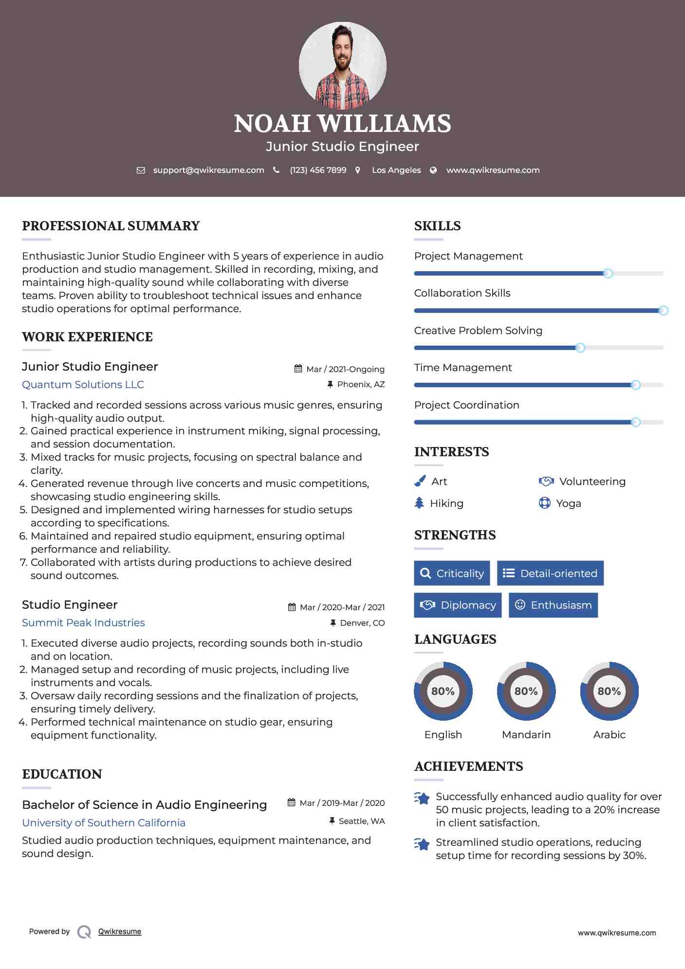 Junior Studio Engineer Resume Example