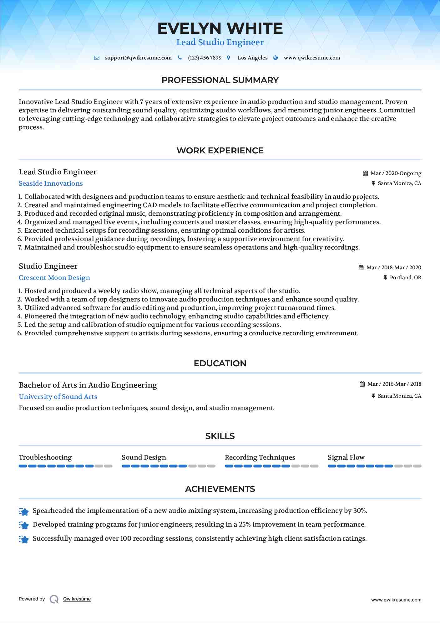 Lead Studio Engineer Resume Format