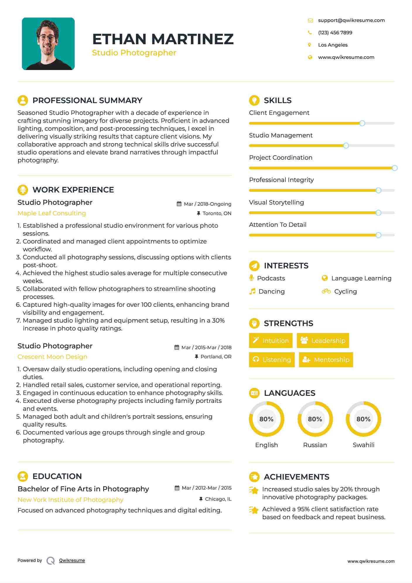 Studio Photographer Resume Example