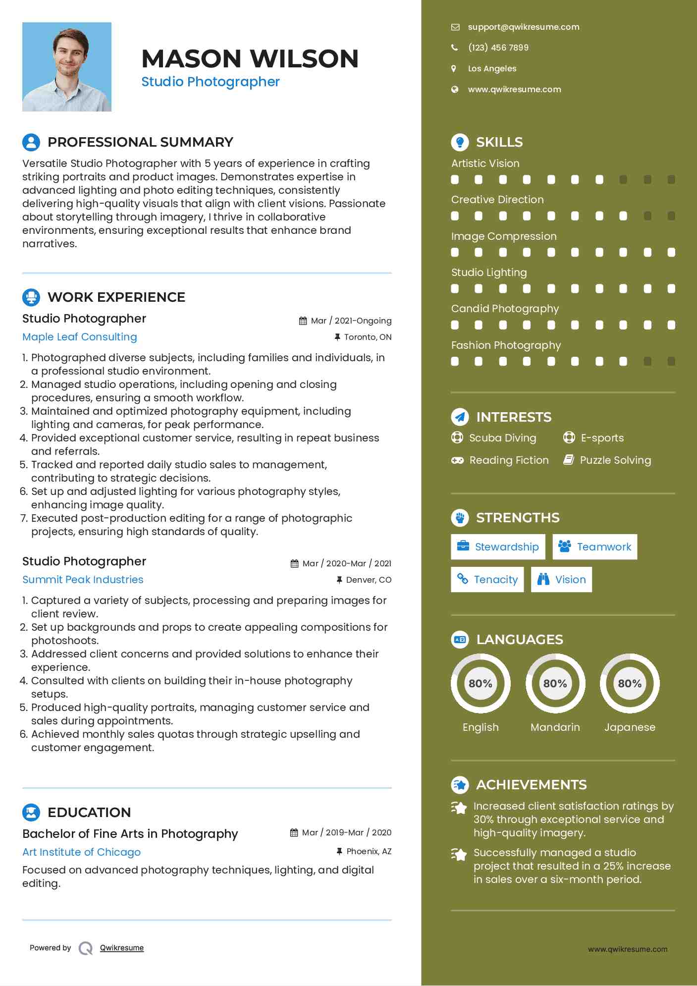 Studio Photographer Resume Model