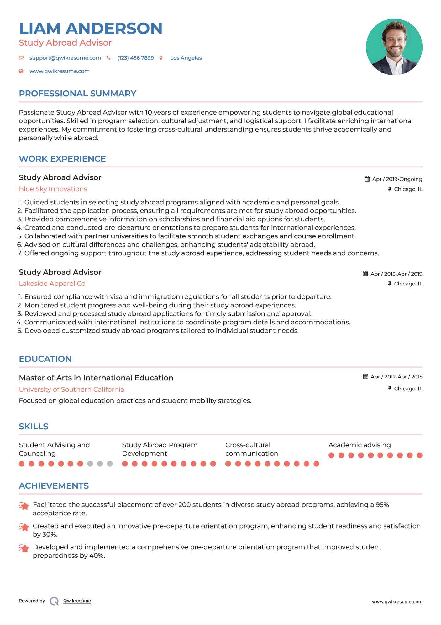 Study Abroad Advisor Resume Sample
