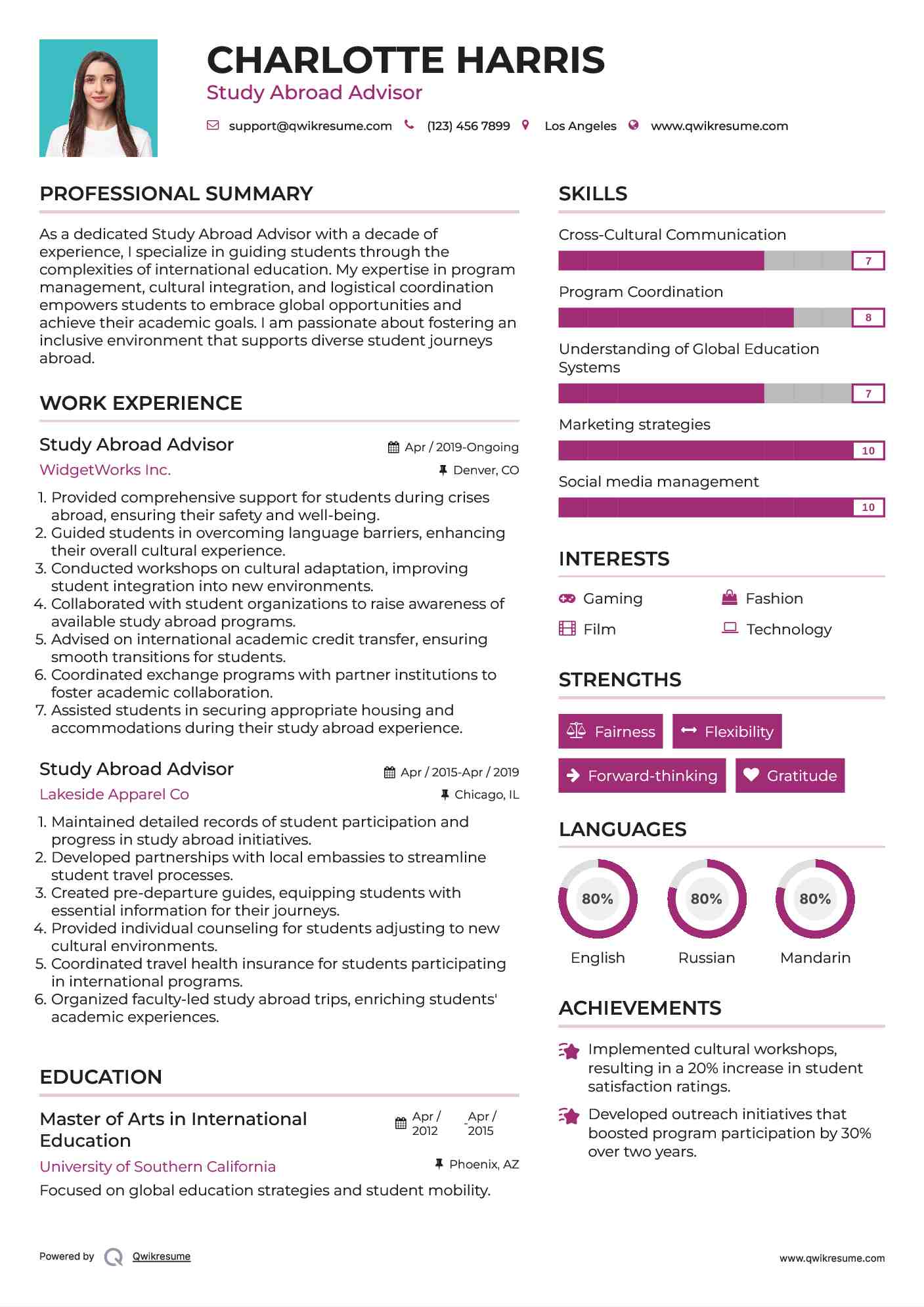 Study Abroad Advisor Resume Model