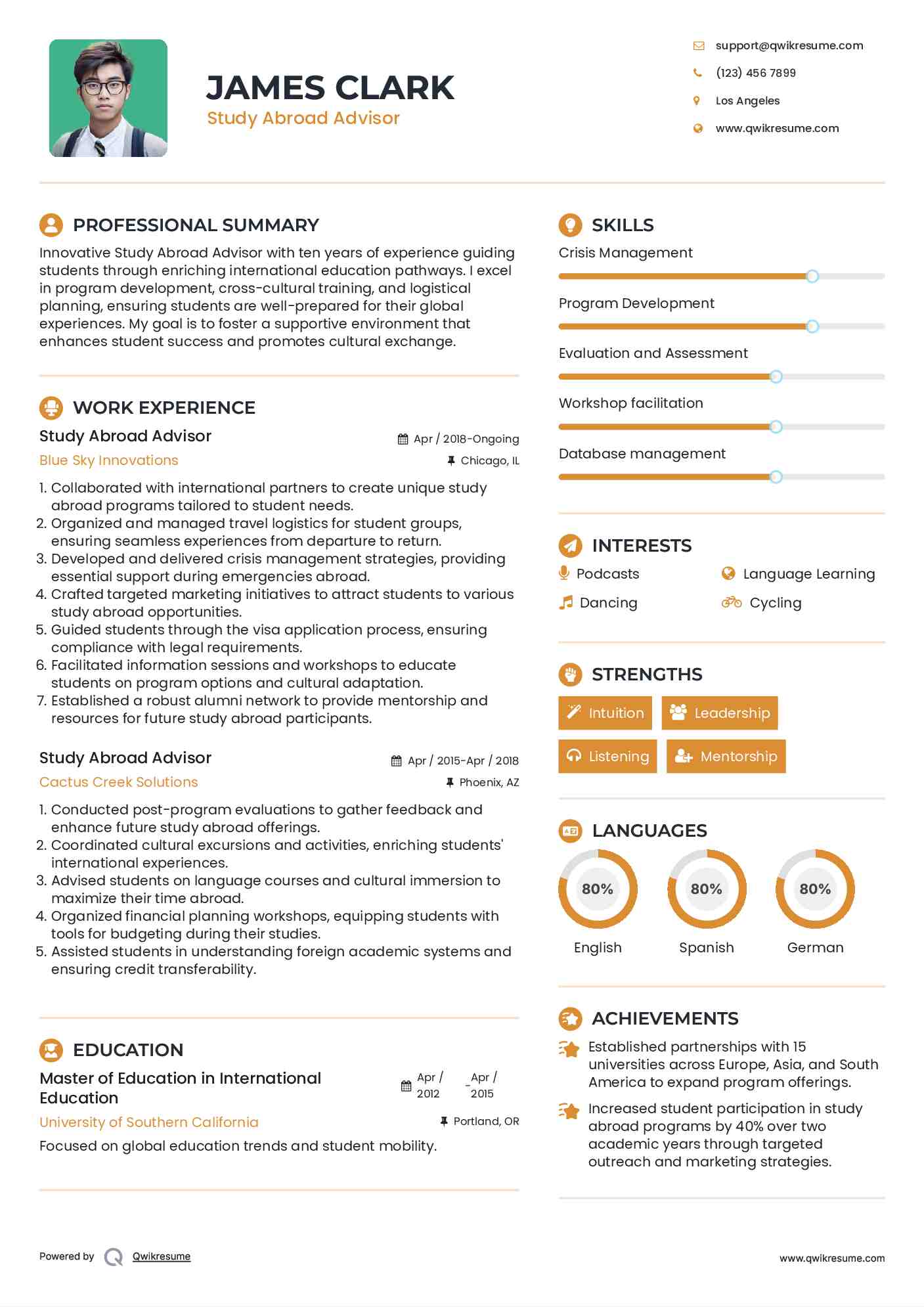 Study Abroad Advisor Resume Example