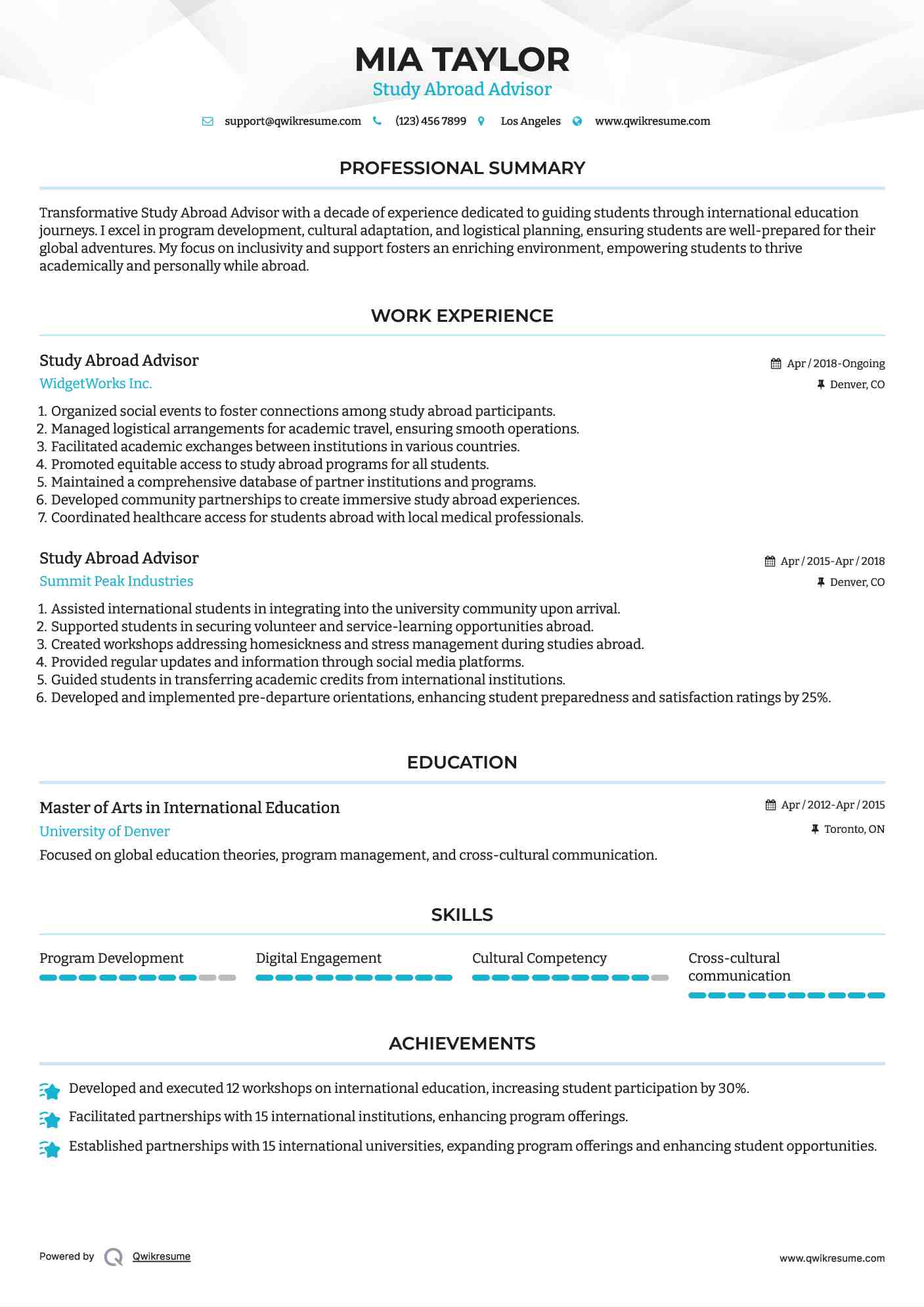 Study Abroad Advisor Resume Sample
