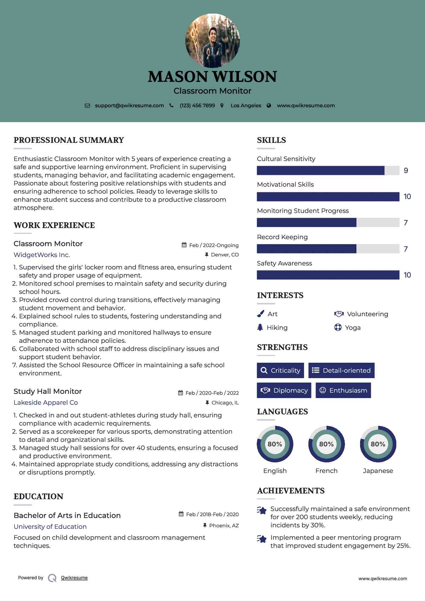 Study Hall Monitor Resume Samples QwikResume