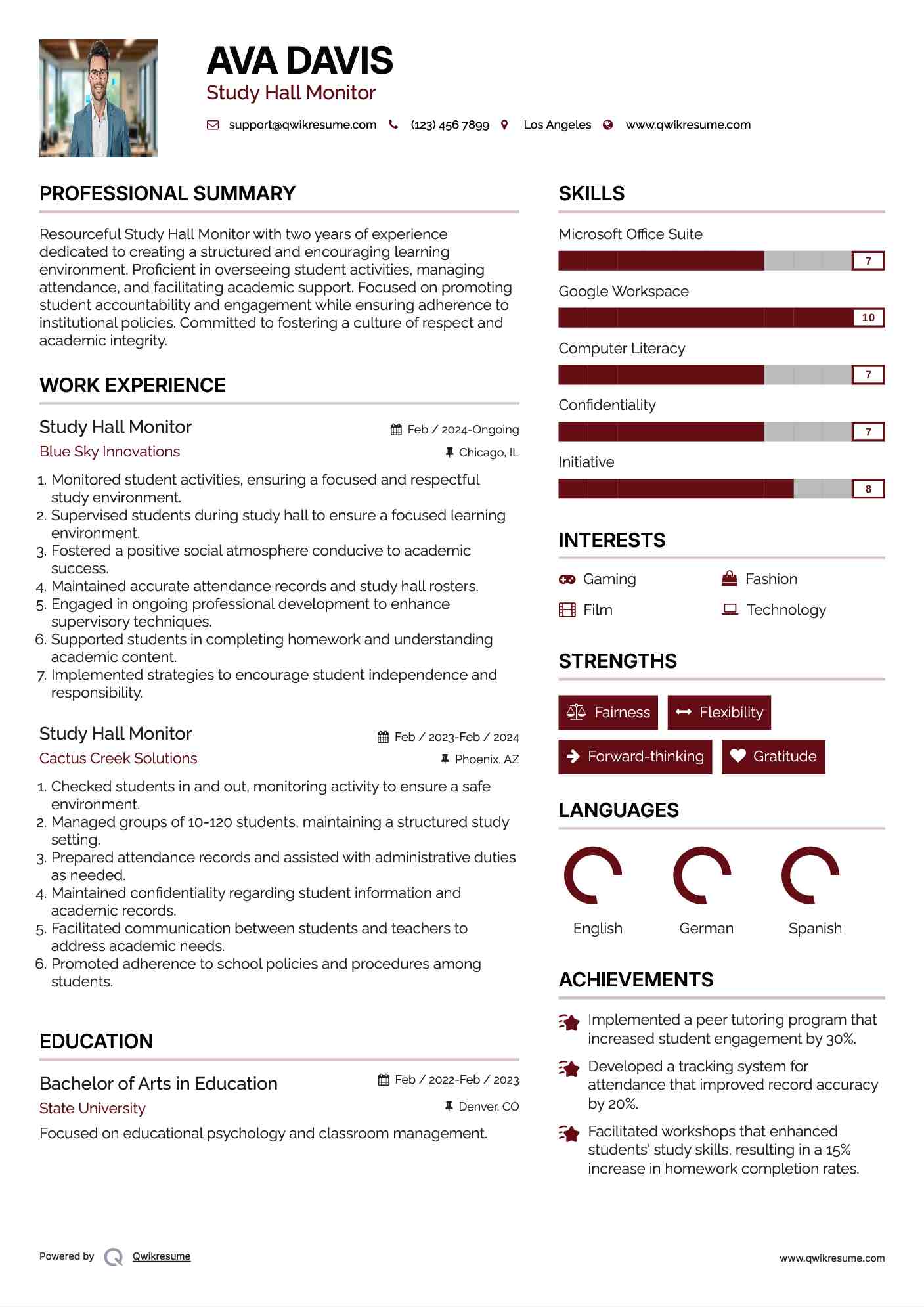 Study Hall Monitor Resume Samples QwikResume