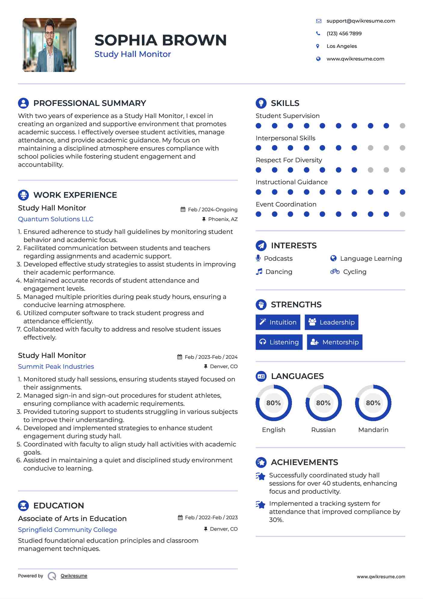 Study Hall Monitor Resume Samples QwikResume