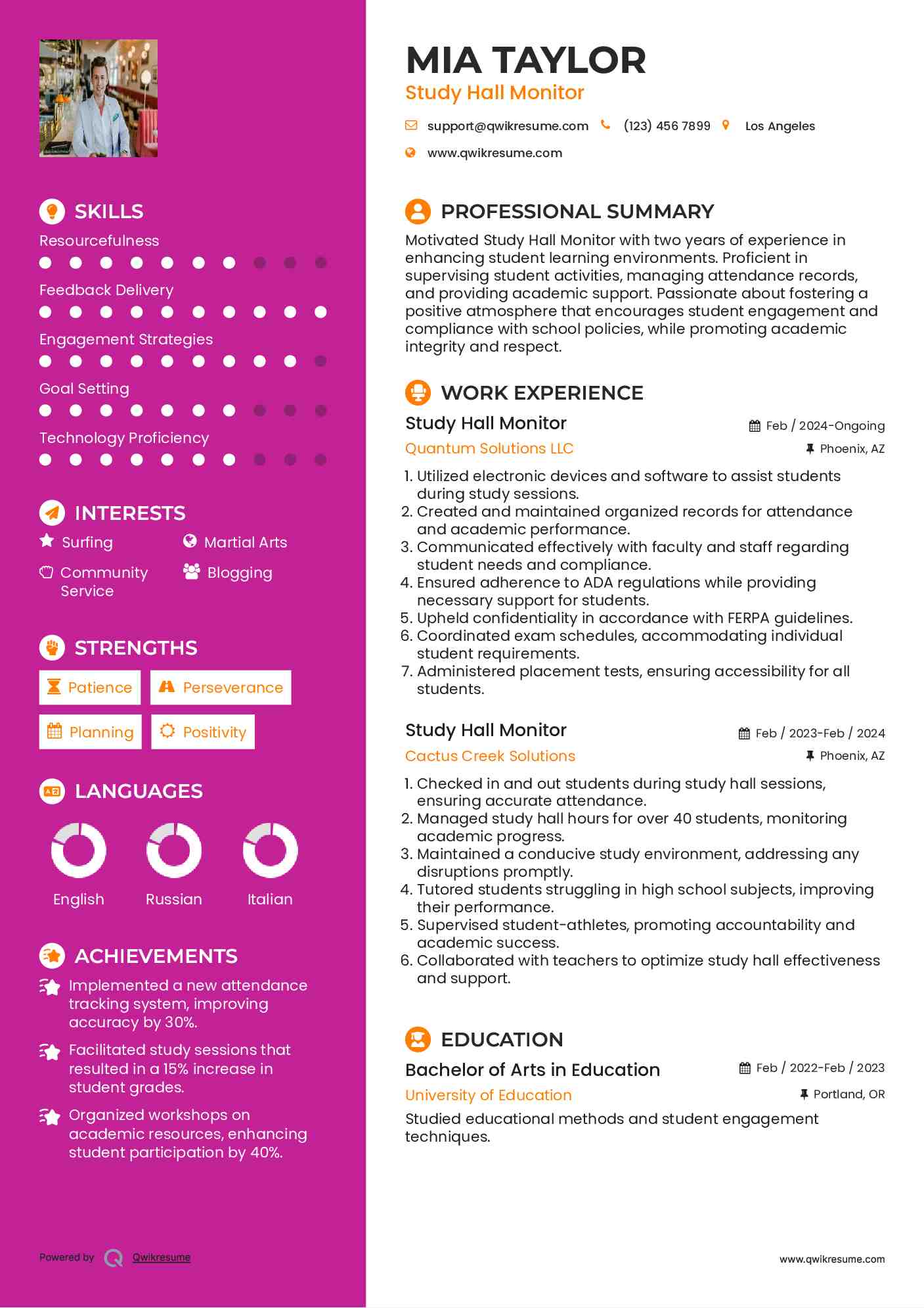 Study Hall Monitor Resume Samples QwikResume