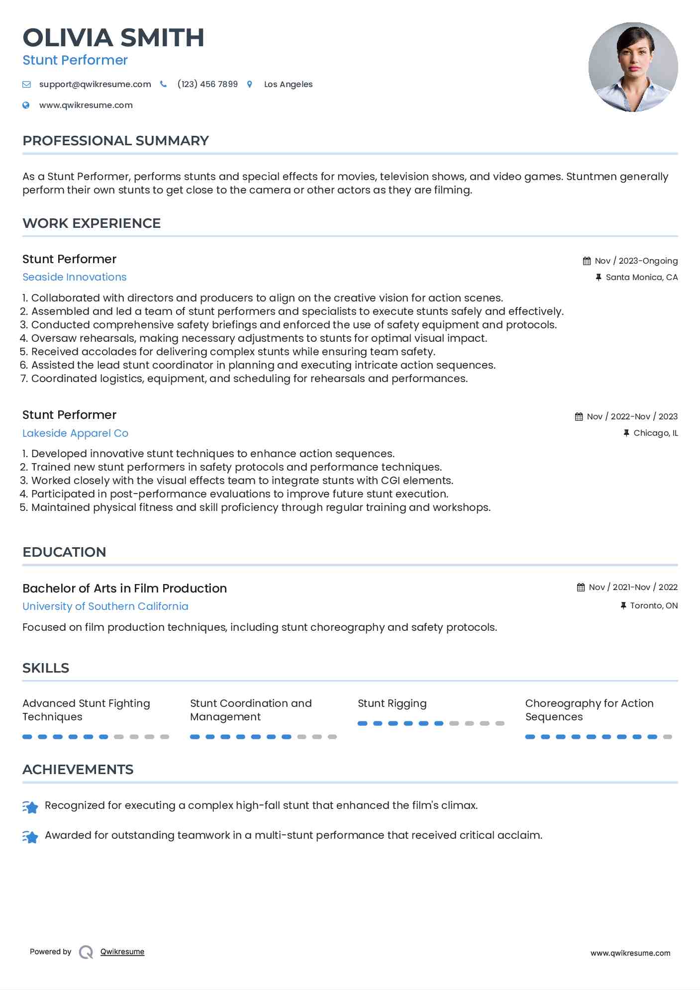 Stunt Performer Resume Model