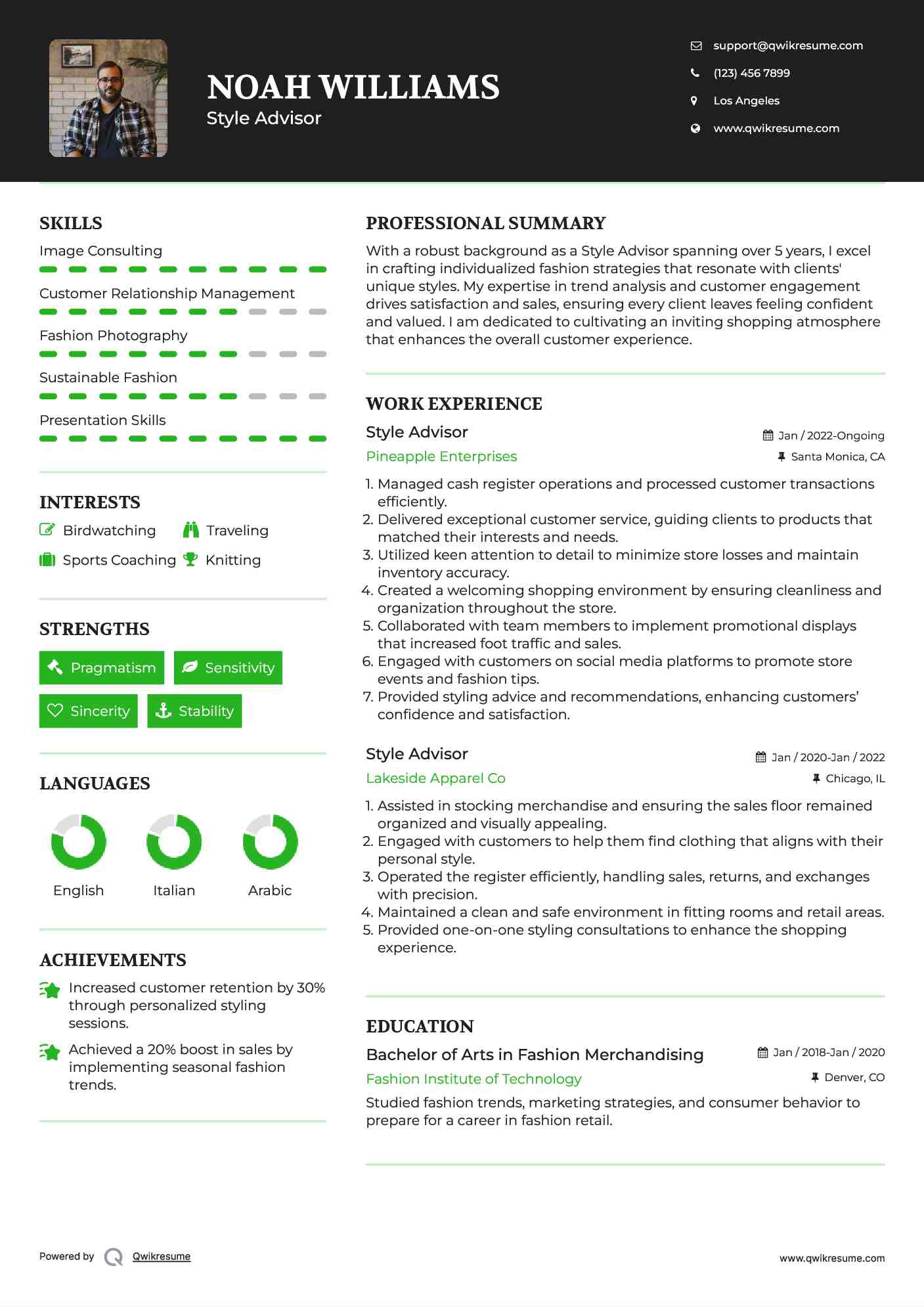 Style Advisor Resume Sample