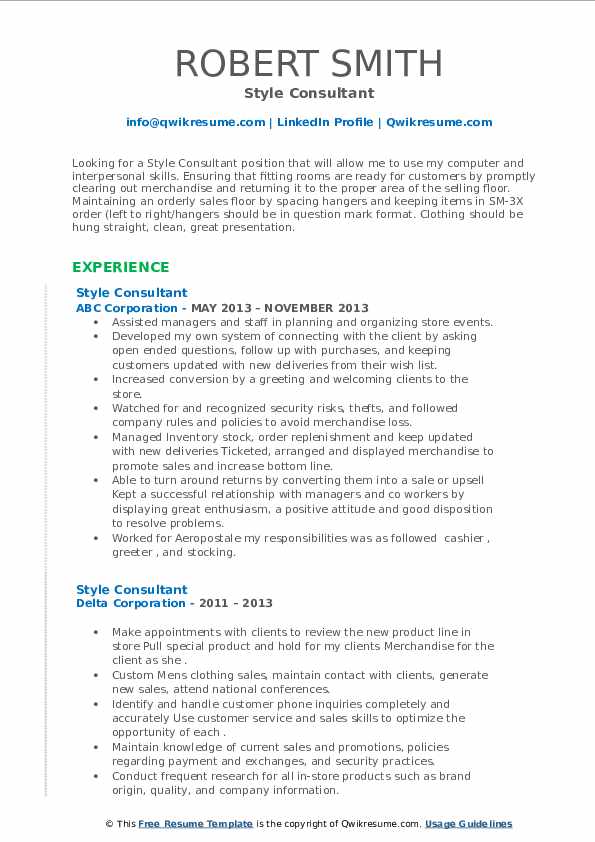 Style Consultant Resume Samples QwikResume