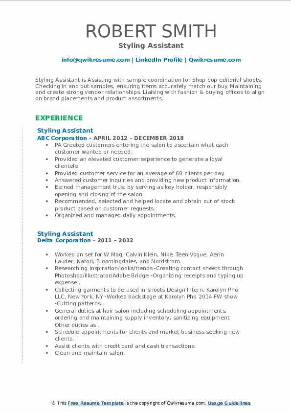 Styling Assistant Resume Samples QwikResume