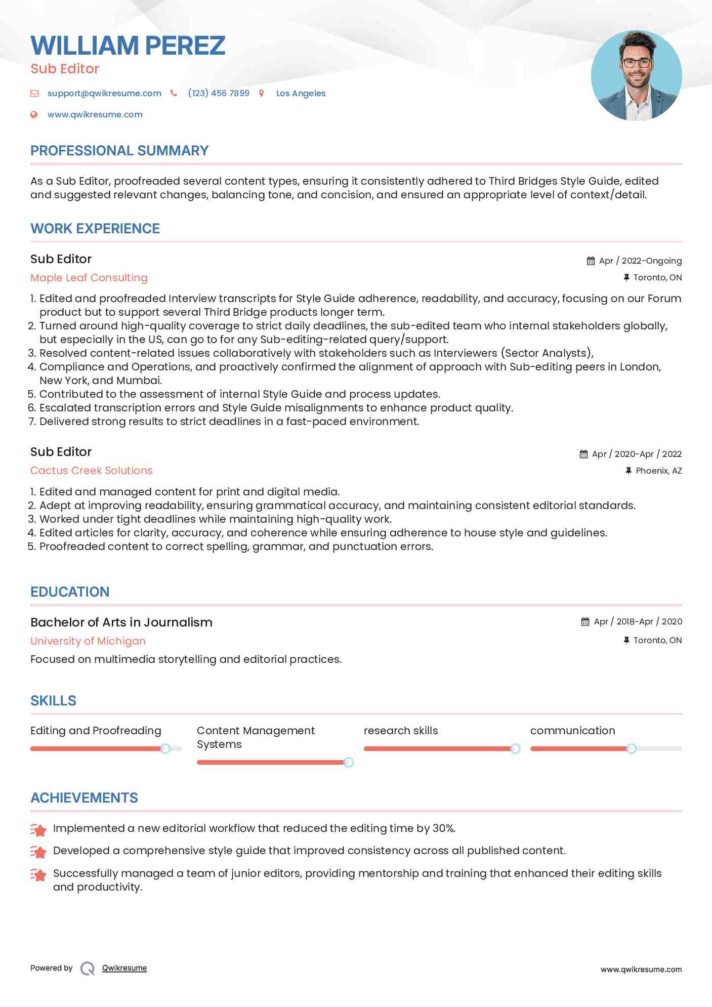 Sub Editor Resume Model