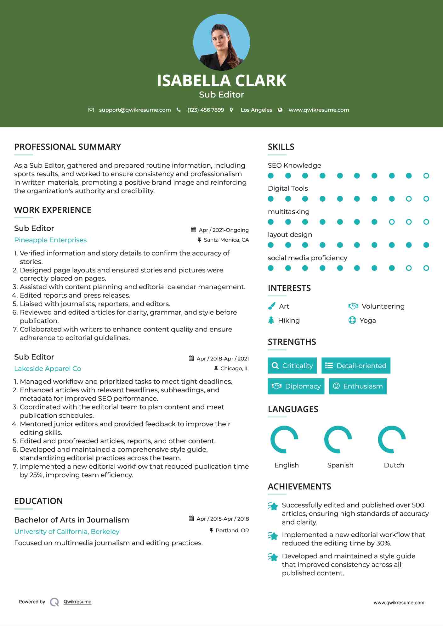 Sub Editor Resume Template