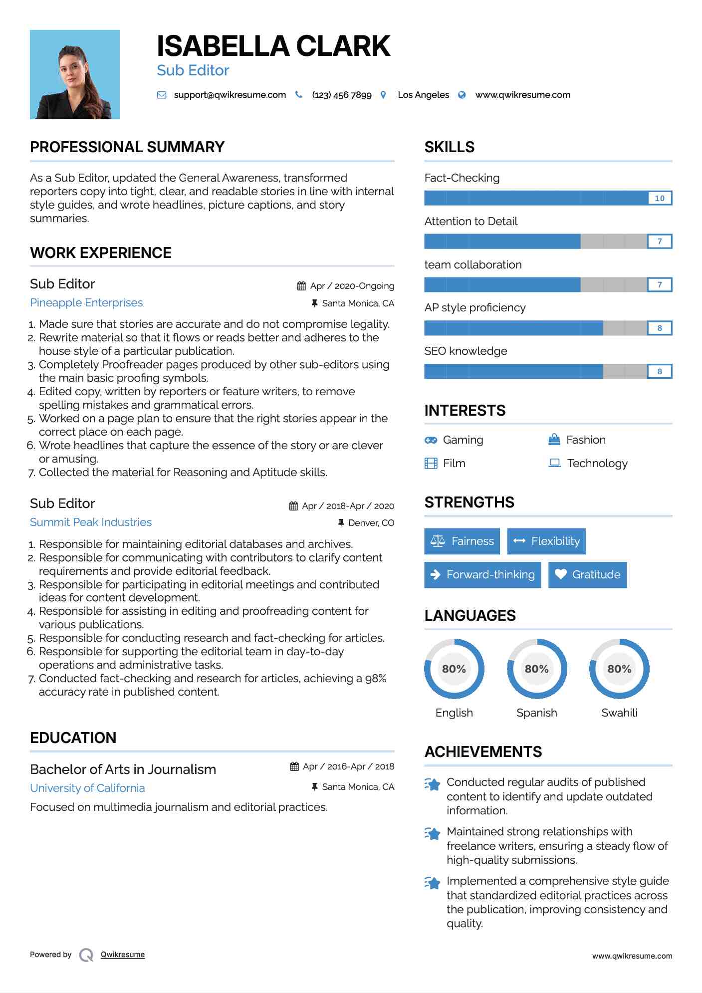Sub Editor Resume Format