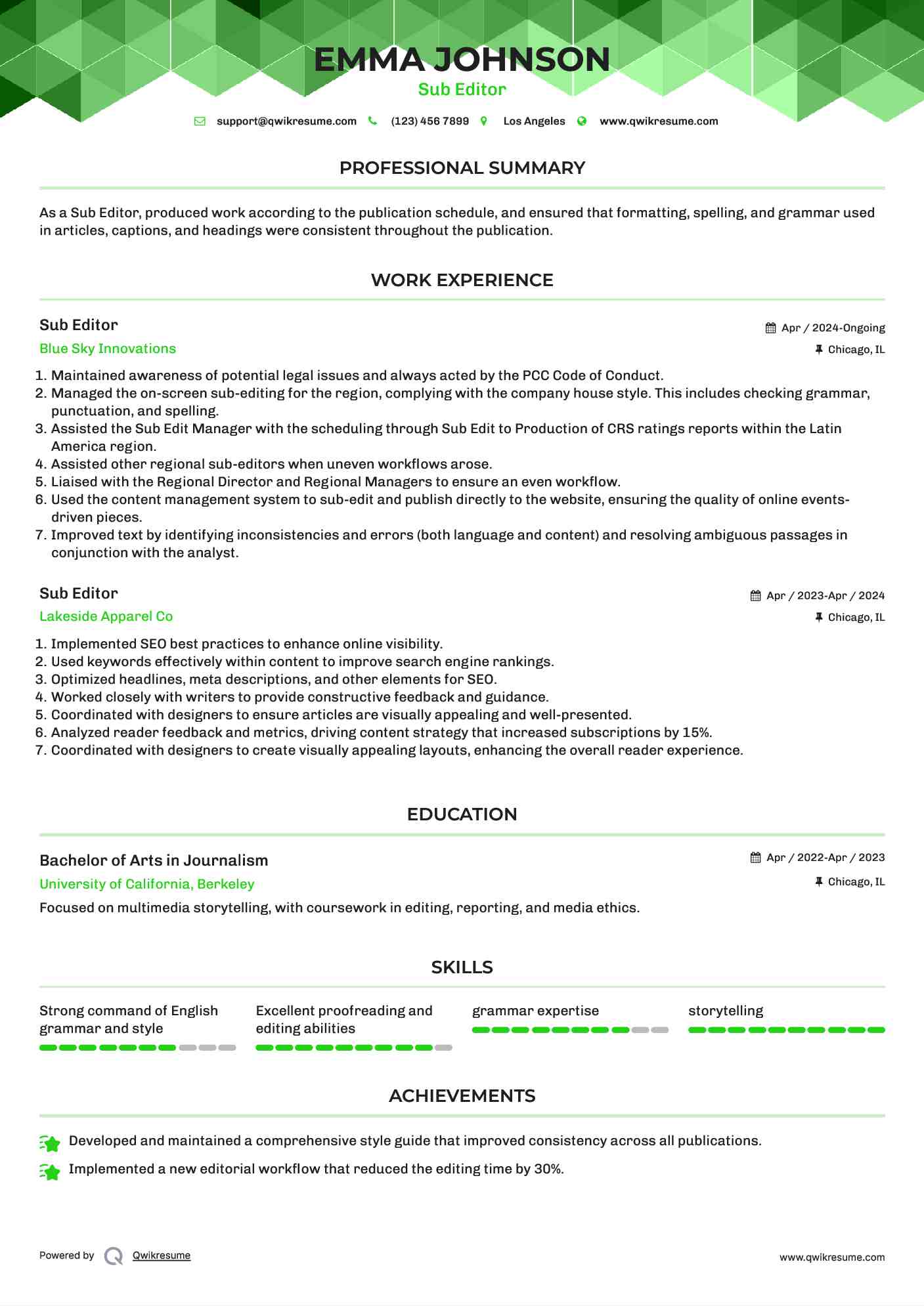 Sub Editor Resume Template