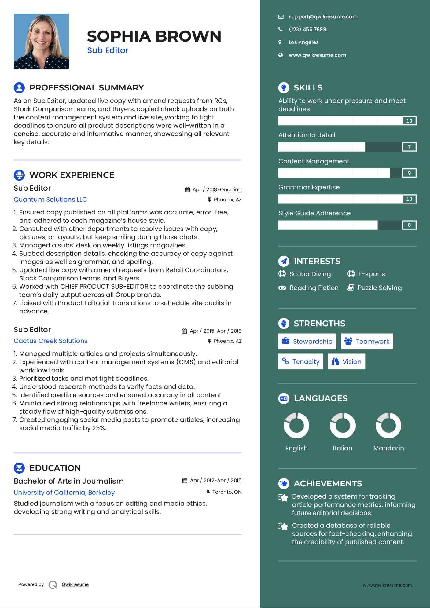Sub Editor Resume Sample