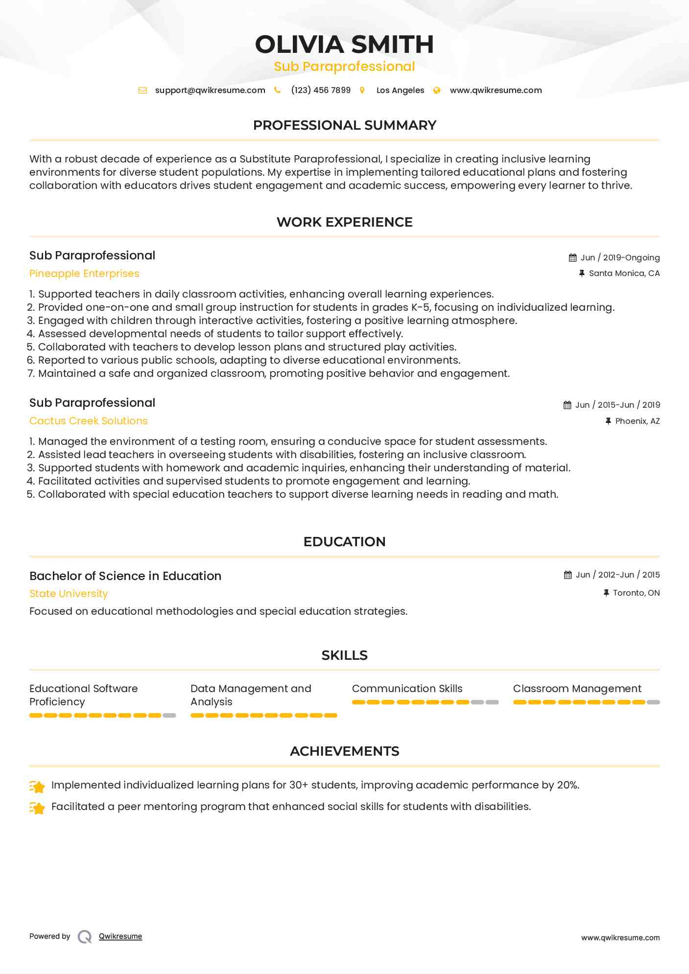 Sub Paraprofessional Resume Model
