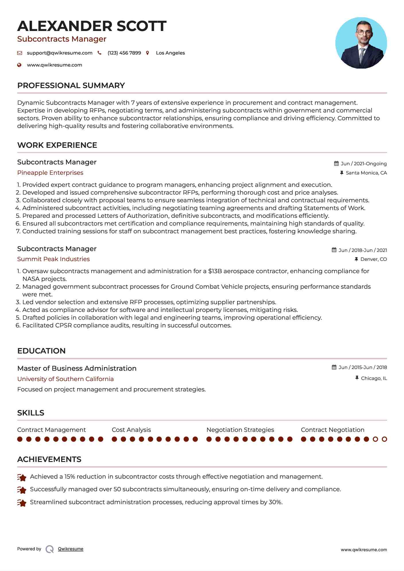 Subcontracts Manager Resume Model