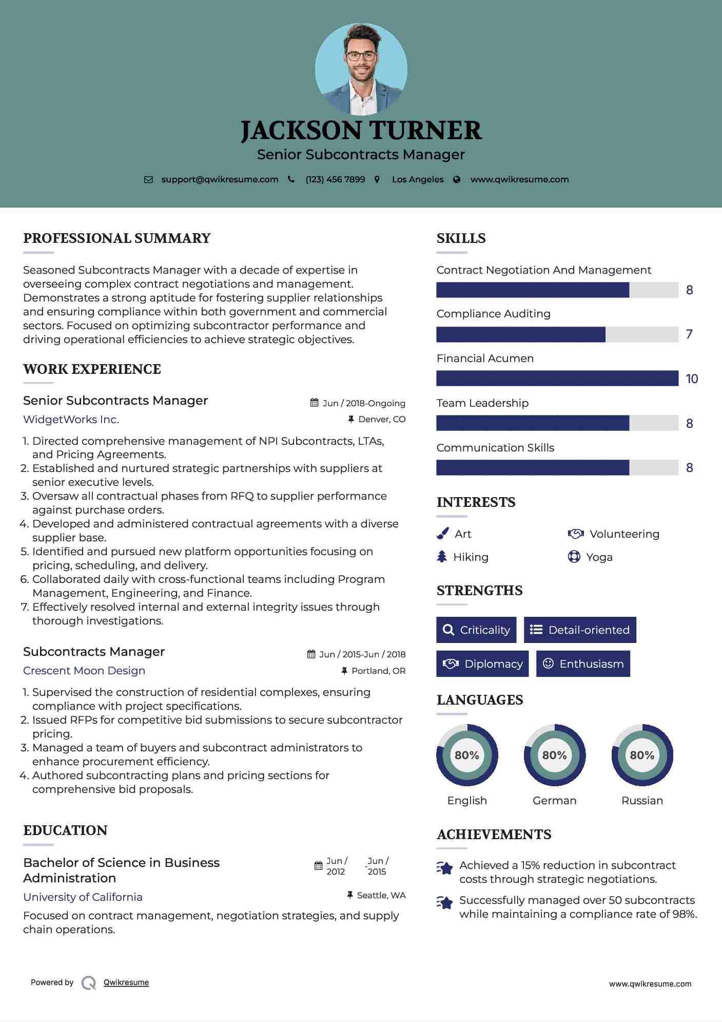 Senior Subcontracts Manager Resume Format