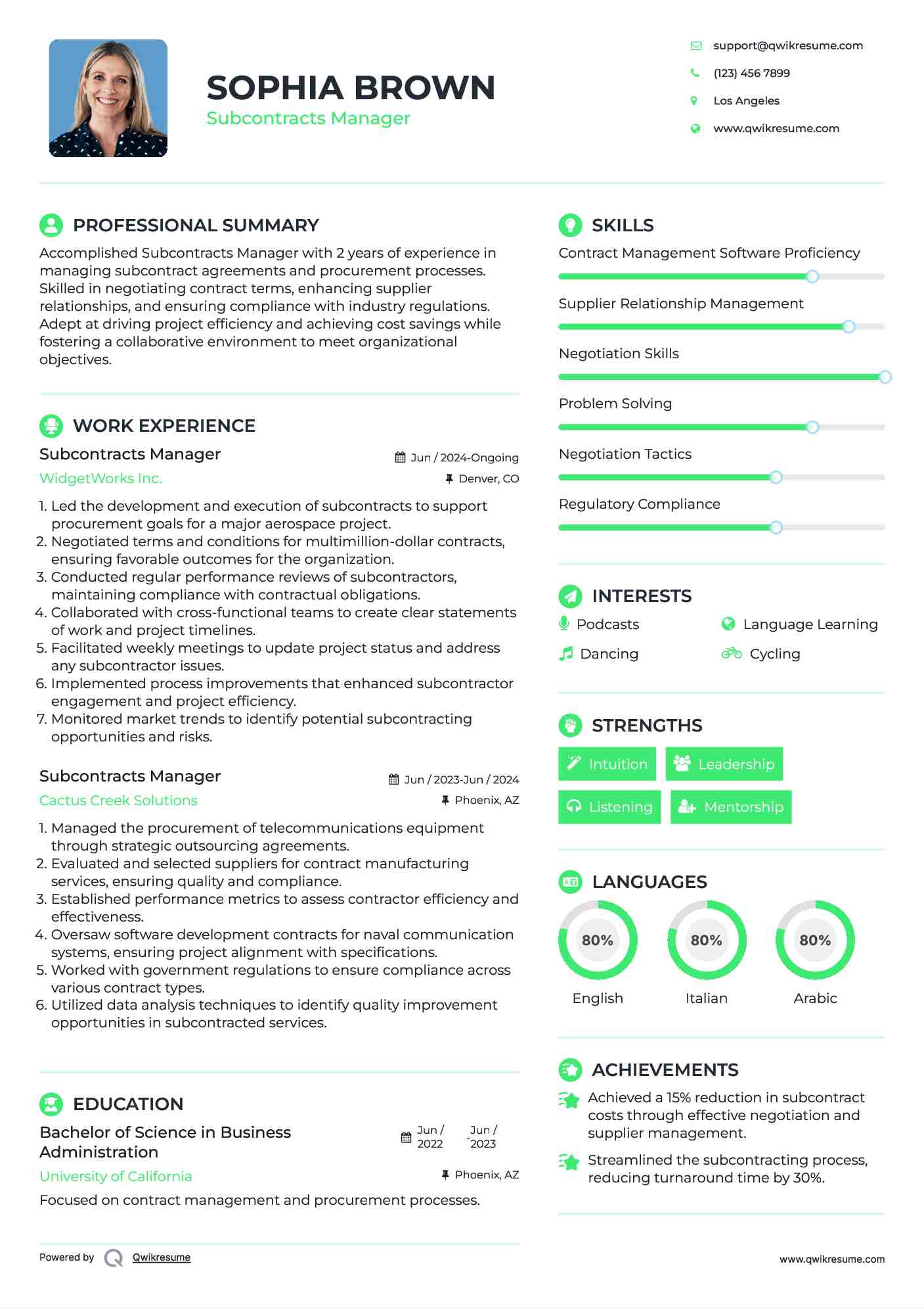Subcontracts Manager Resume Format