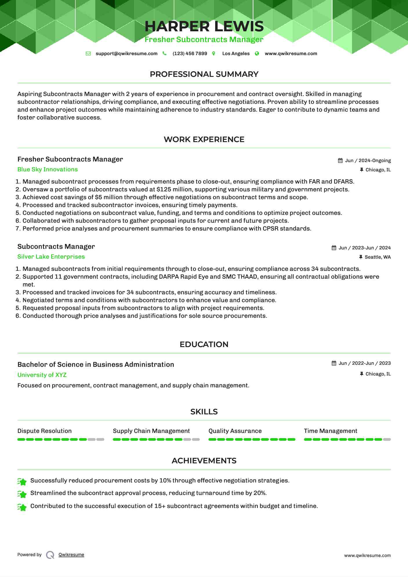 Fresher Subcontracts Manager Resume Example