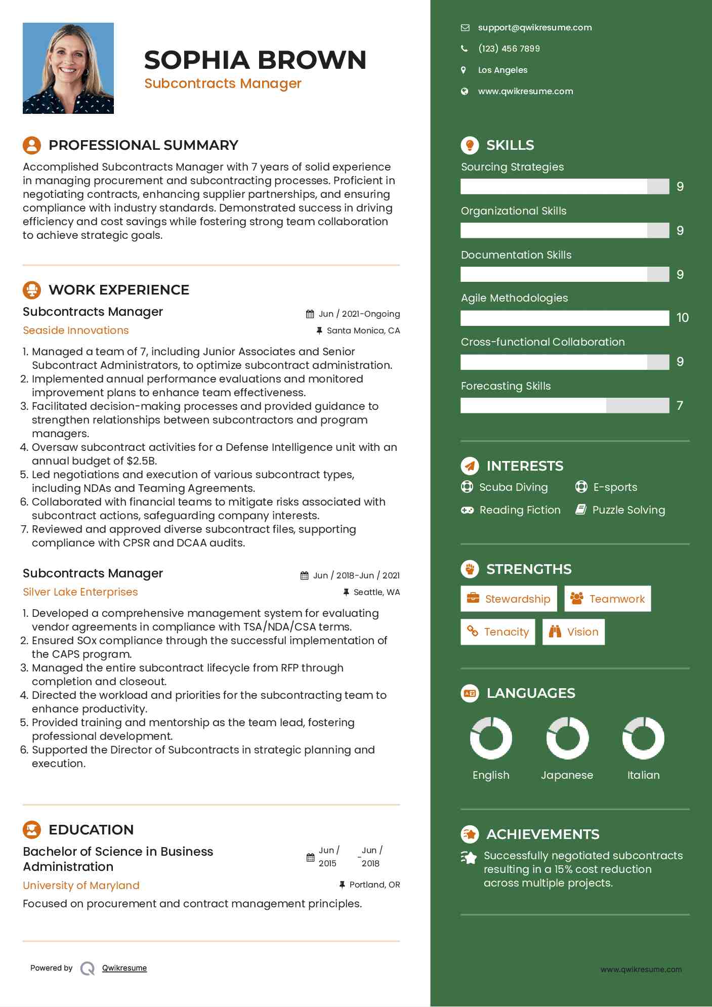Subcontracts Manager Resume Sample