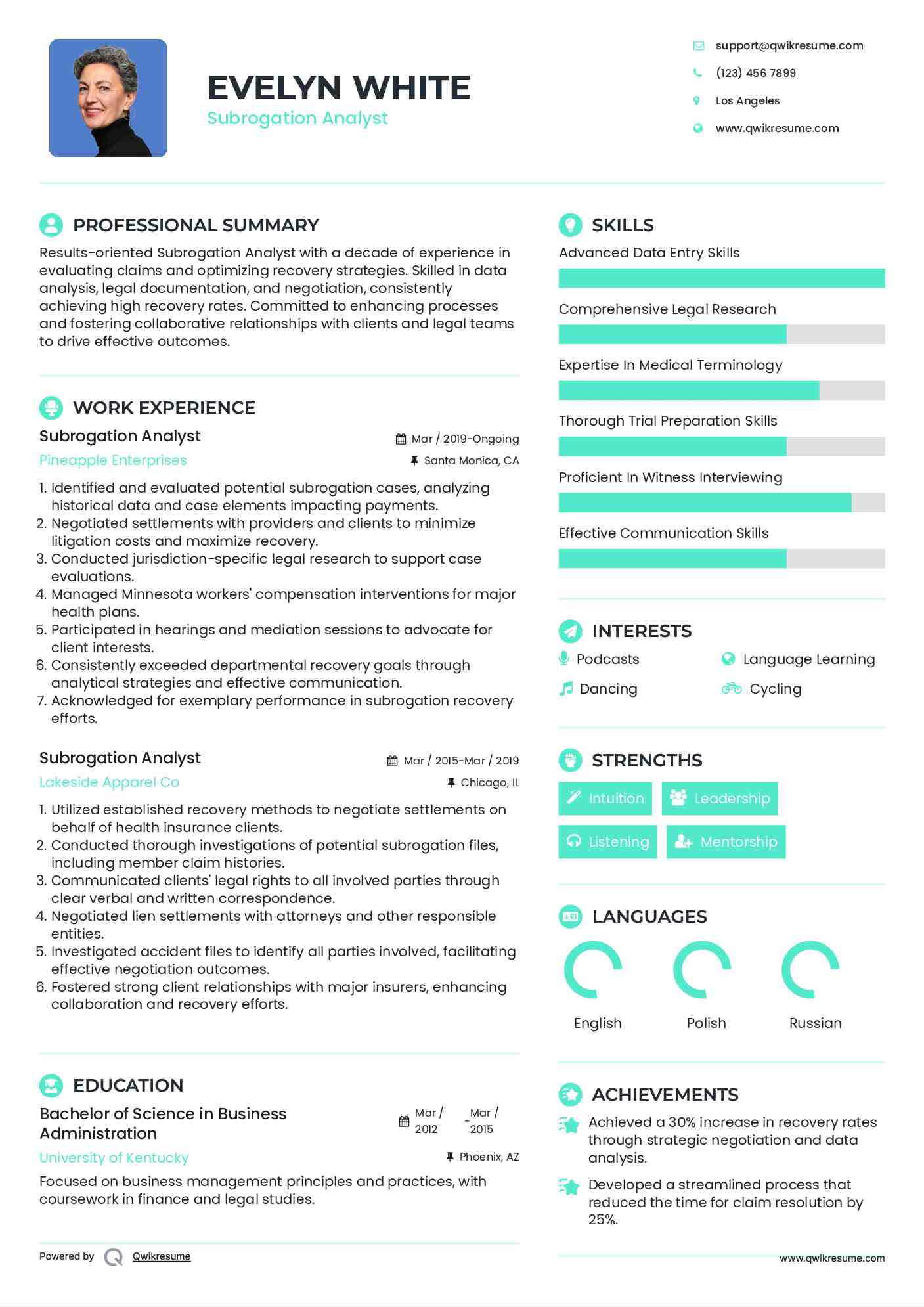 Subrogation Analyst Resume Model