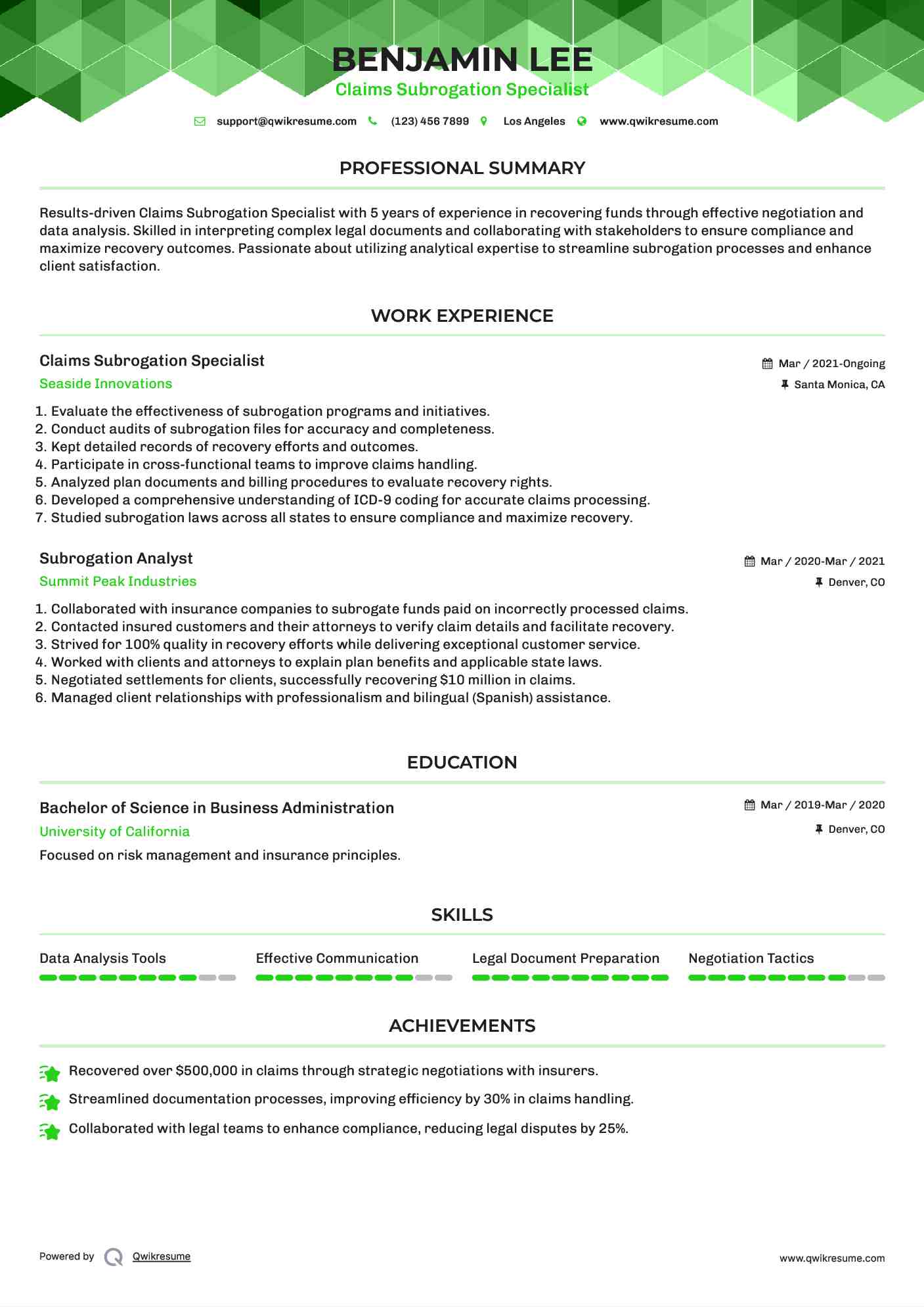 Claims Subrogation Specialist Resume Template