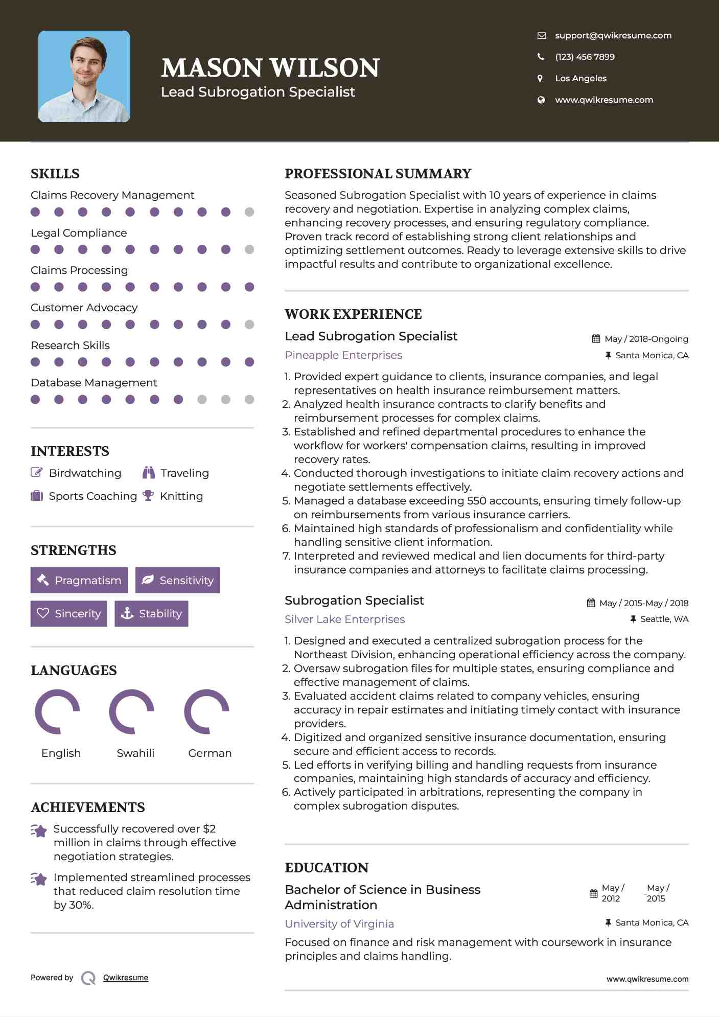 Lead Subrogation Specialist Resume Format