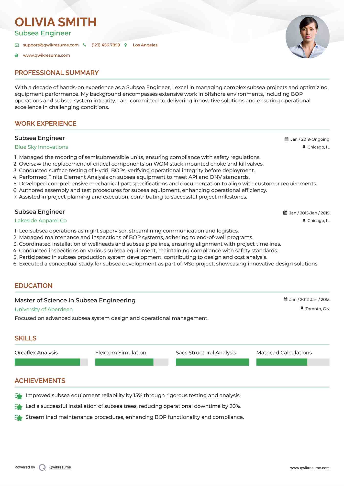 Subsea Engineer Resume Model