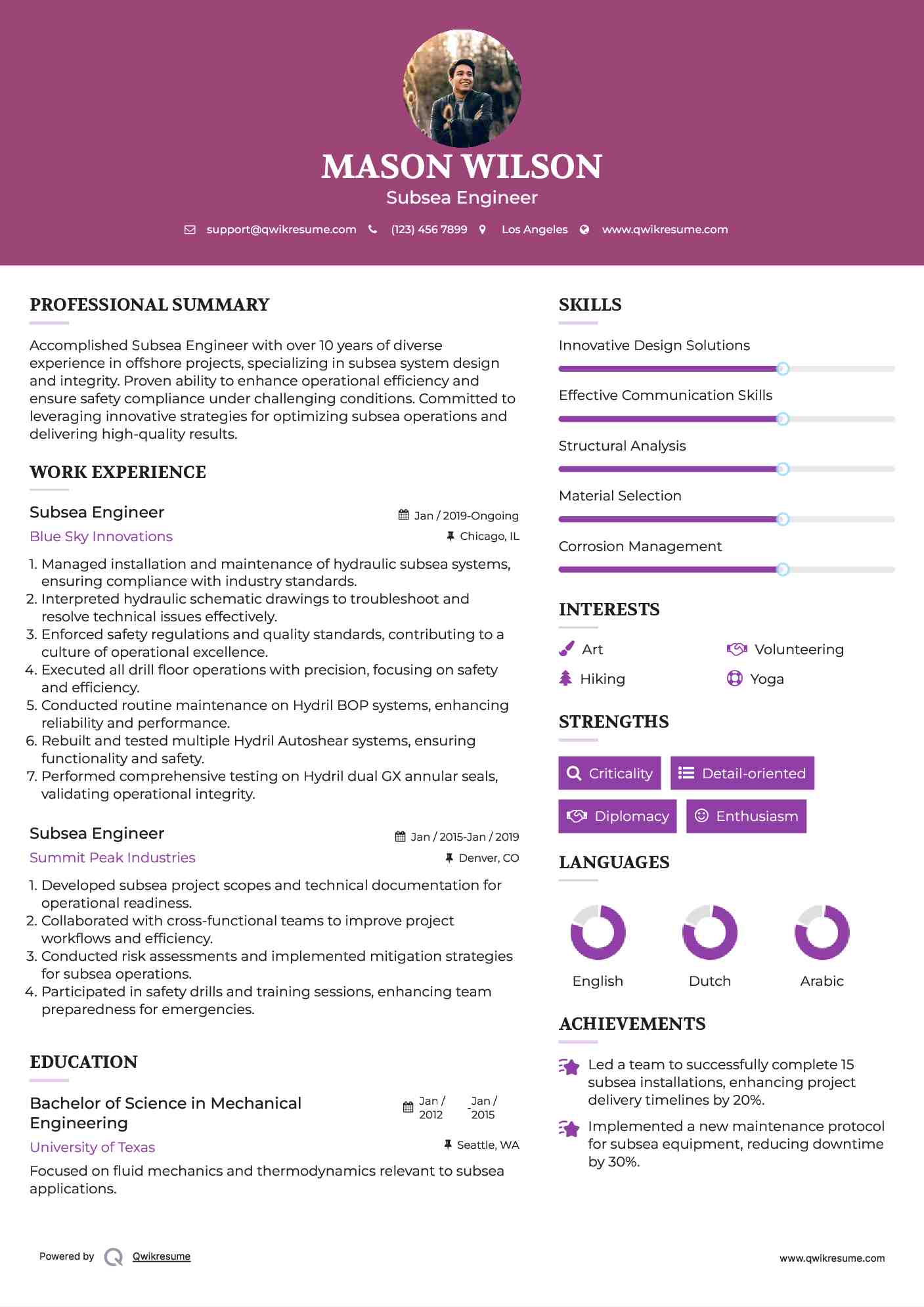 Subsea Engineer Resume Example
