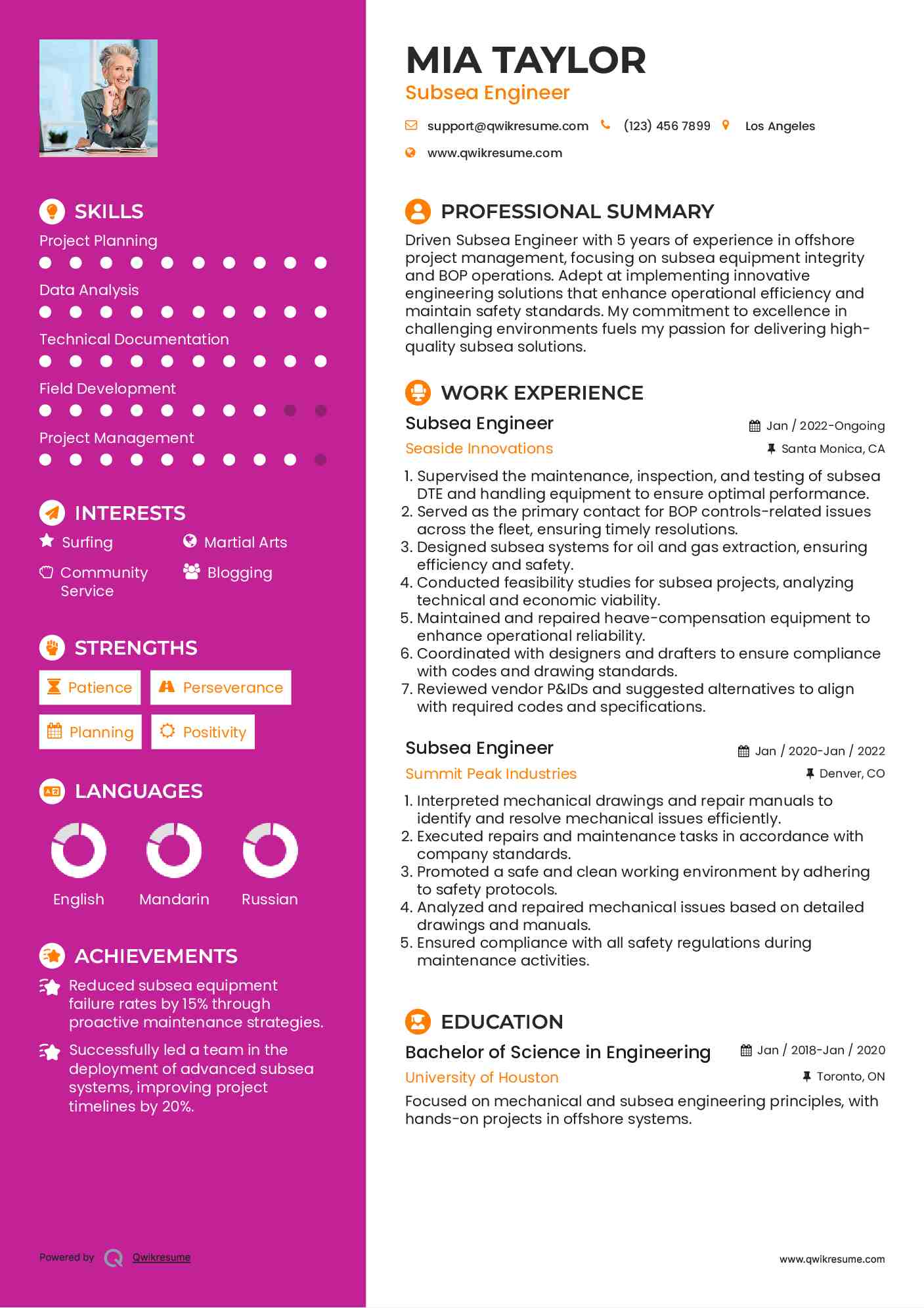 Subsea Engineer Resume Example